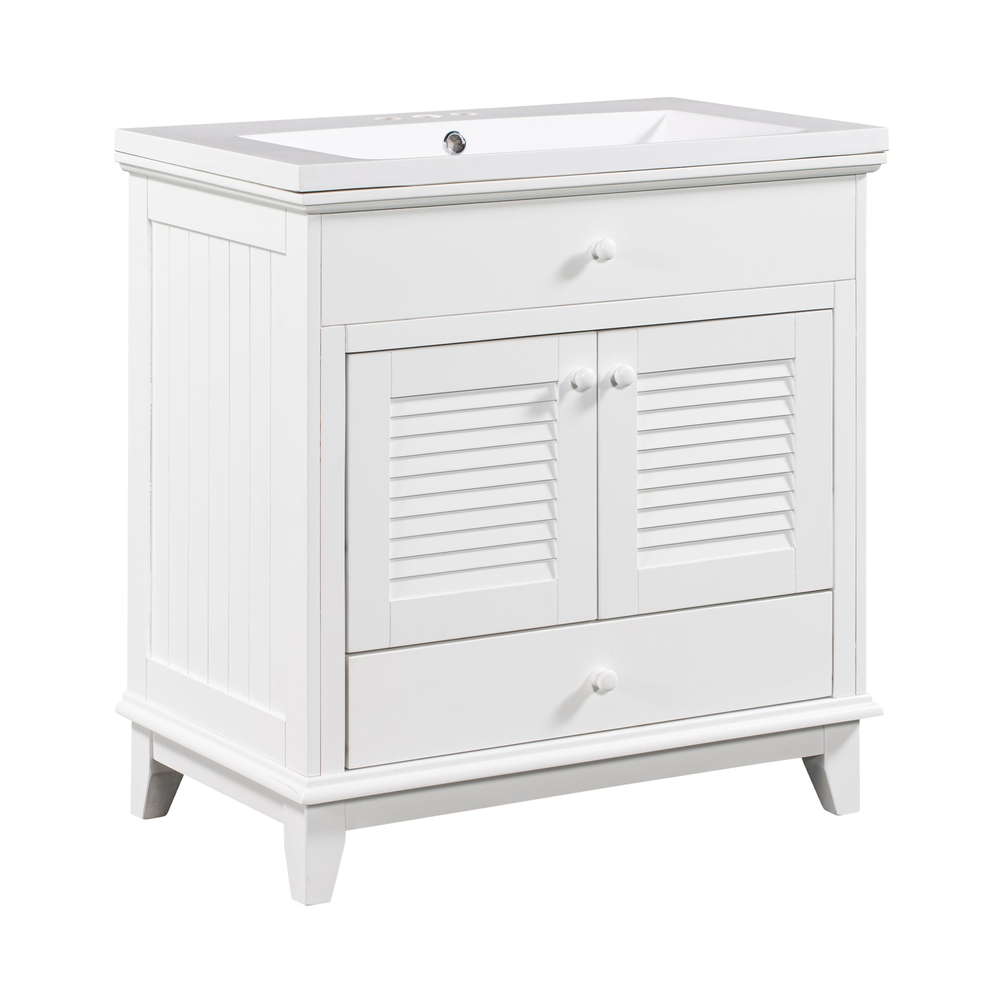 Solid Wood Freestanding Bathroom Vanity Set in White with Drawer, Integrated Sink and Doors