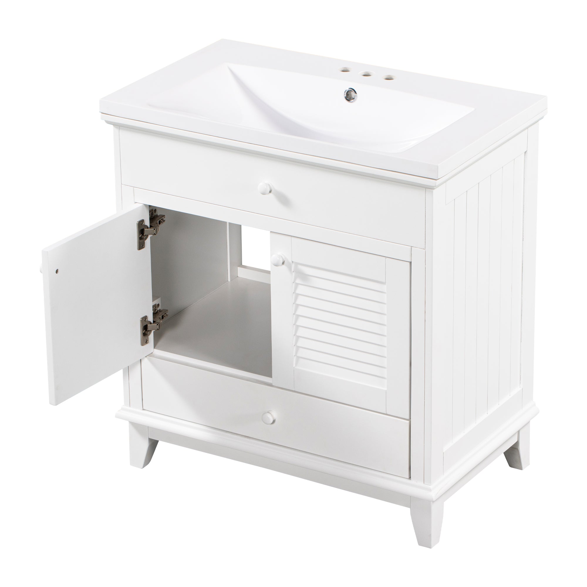 Solid Wood Freestanding Bathroom Vanity Set in White with Drawer, Integrated Sink and Doors