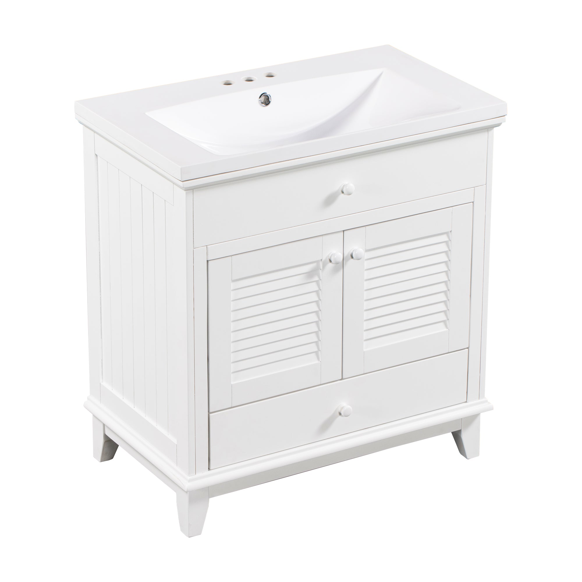 Solid Wood Freestanding Bathroom Vanity Set in White with Drawer, Integrated Sink and Doors