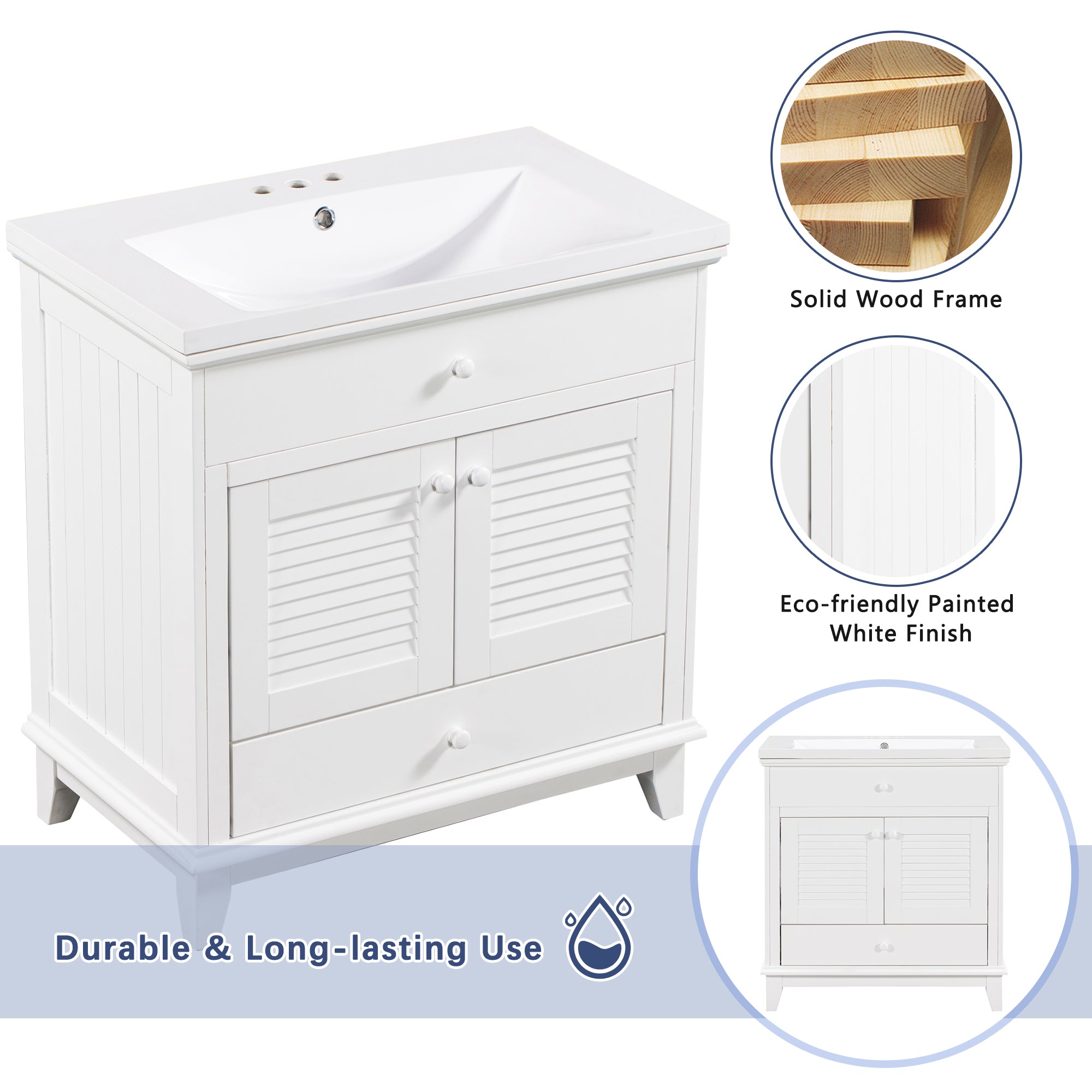 Solid Wood Freestanding Bathroom Vanity Set in White with Drawer, Integrated Sink and Doors