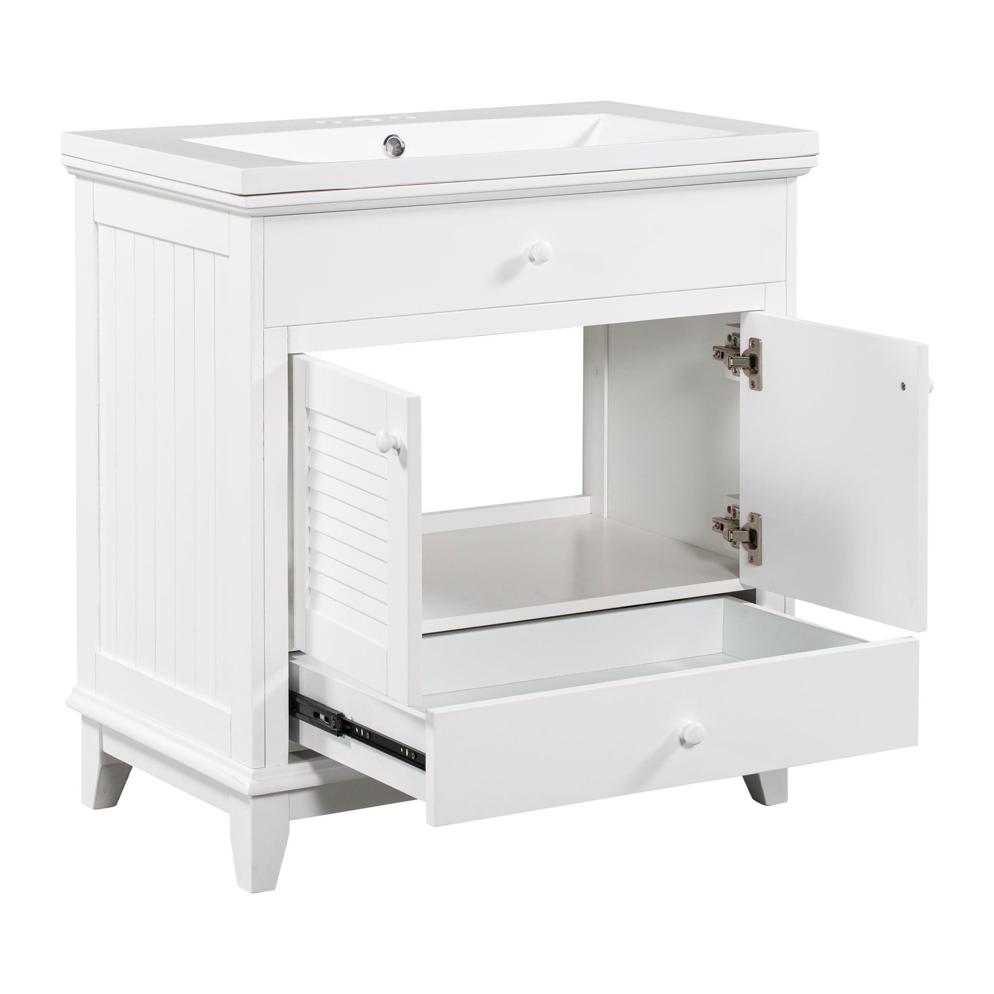 Solid Wood Freestanding Bathroom Vanity Set in White with Drawer, Integrated Sink and Doors
