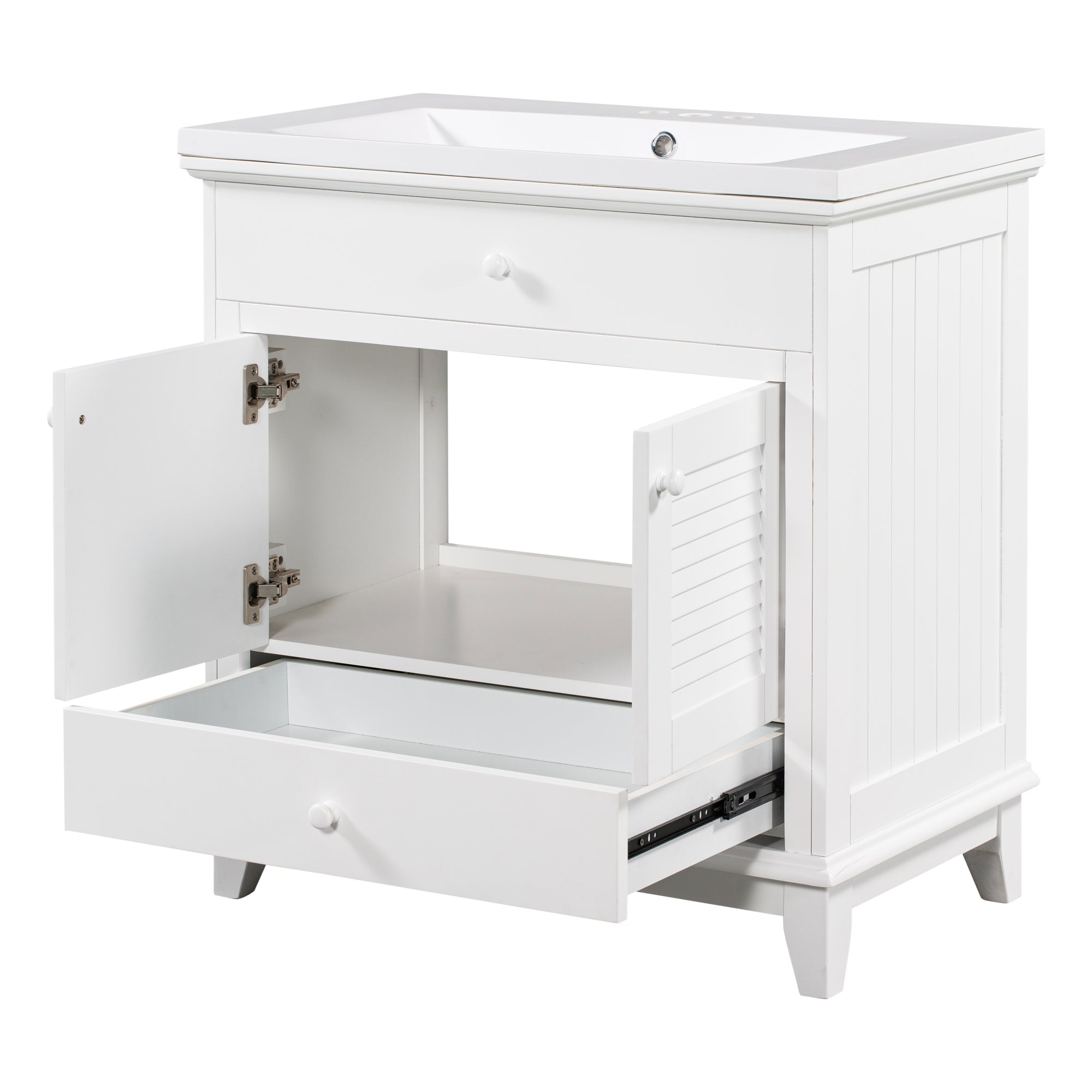 Solid Wood Freestanding Bathroom Vanity Set in White with Drawer, Integrated Sink and Doors