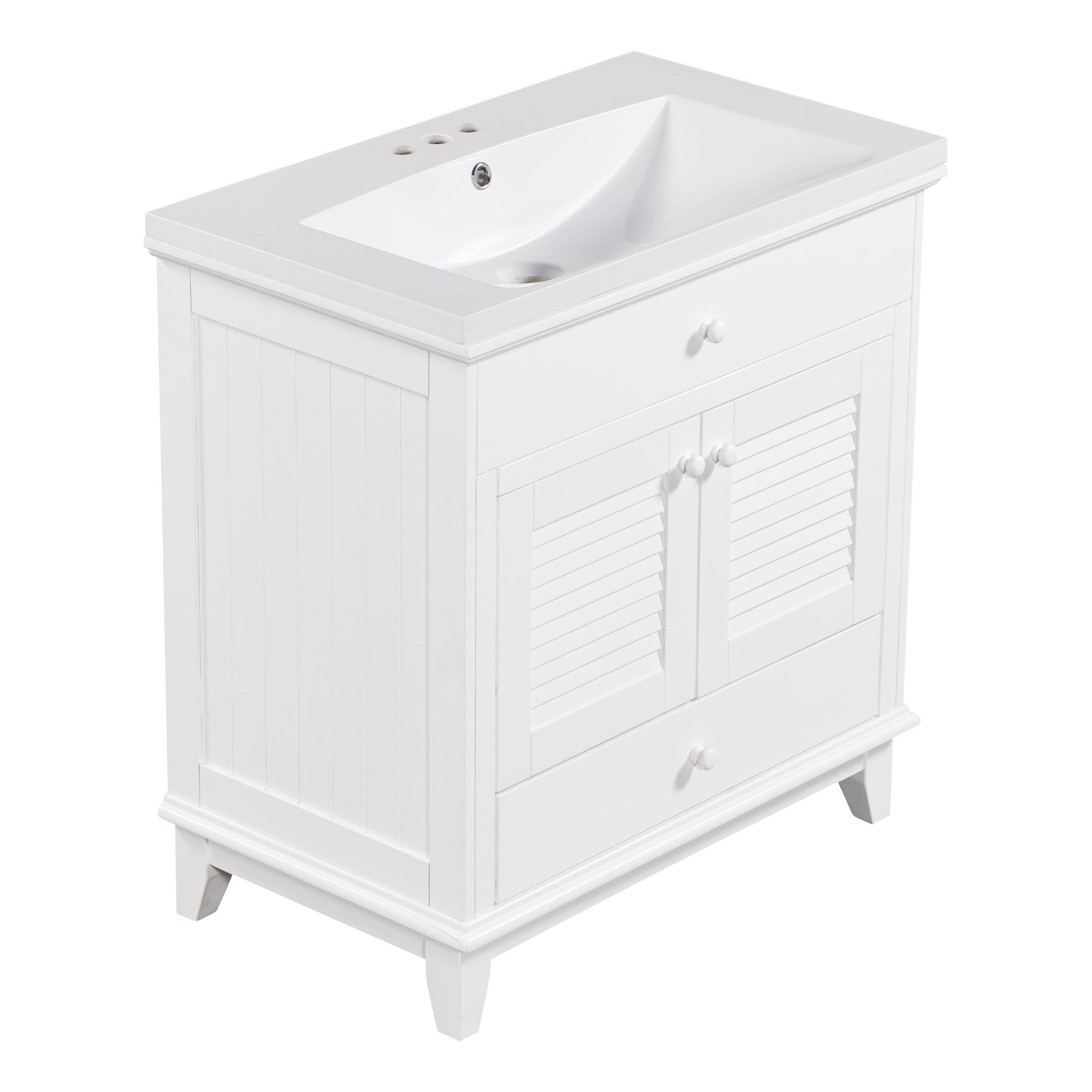 Solid Wood Freestanding Bathroom Vanity Set in White with Drawer, Integrated Sink and Doors