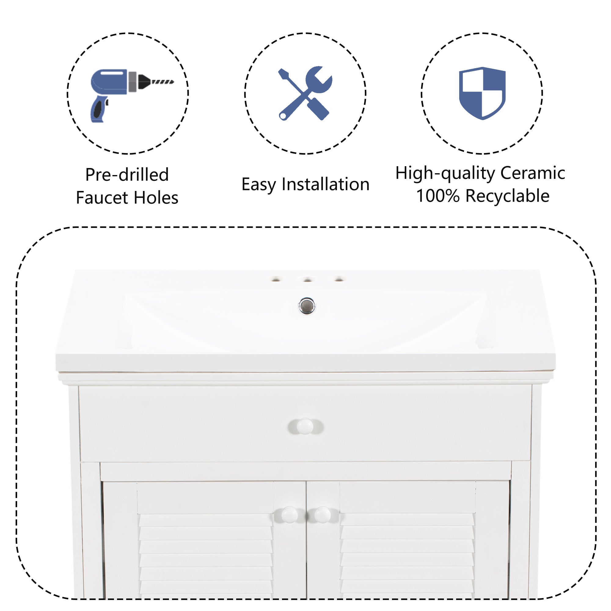 Solid Wood Freestanding Bathroom Vanity Set in White with Drawer, Integrated Sink and Doors