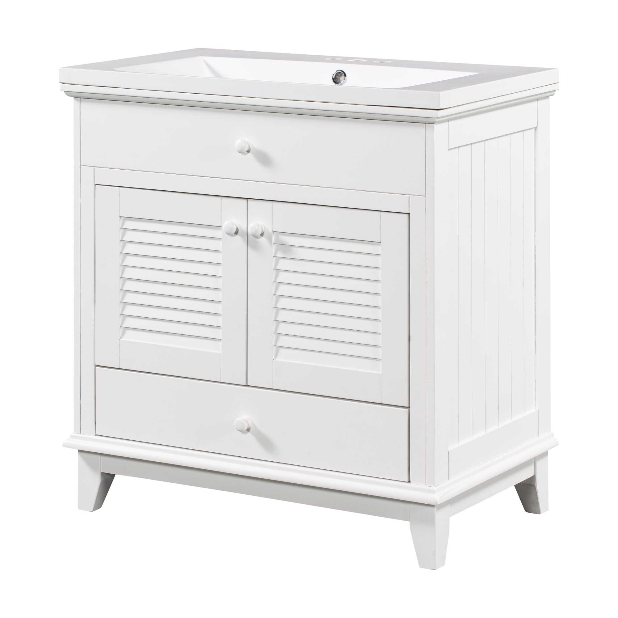 Solid Wood Freestanding Bathroom Vanity Set in White with Drawer, Integrated Sink and Doors