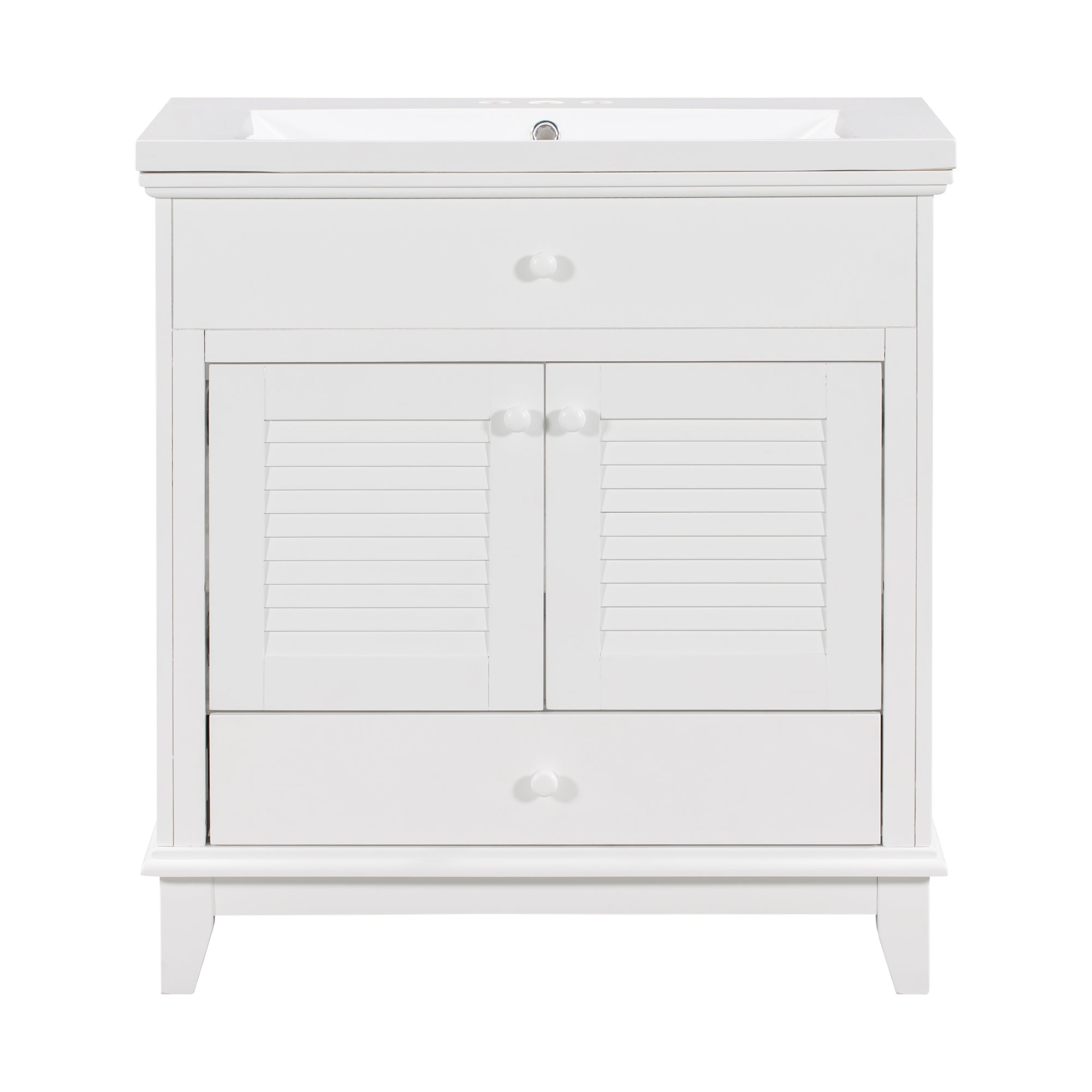 Solid Wood Freestanding Bathroom Vanity Set in White with Drawer, Integrated Sink and Doors