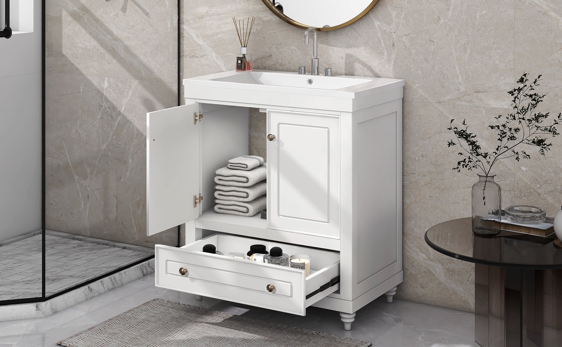 Solid Wood Freestanding Bathroom Vanity Set in White with Drawer, Integrated Sink and Doors
