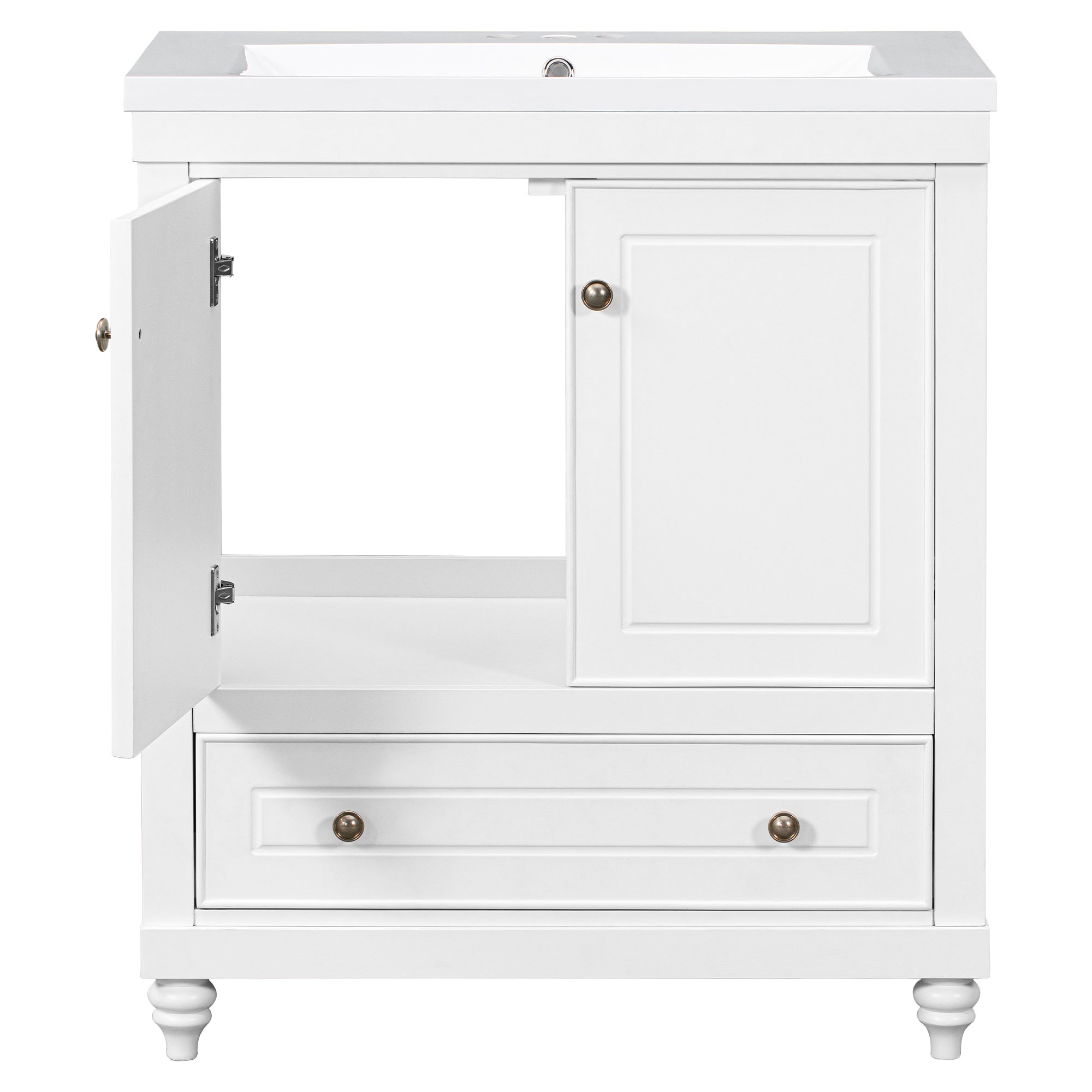 Solid Wood Freestanding Bathroom Vanity Set in White with Drawer, Integrated Sink and Doors