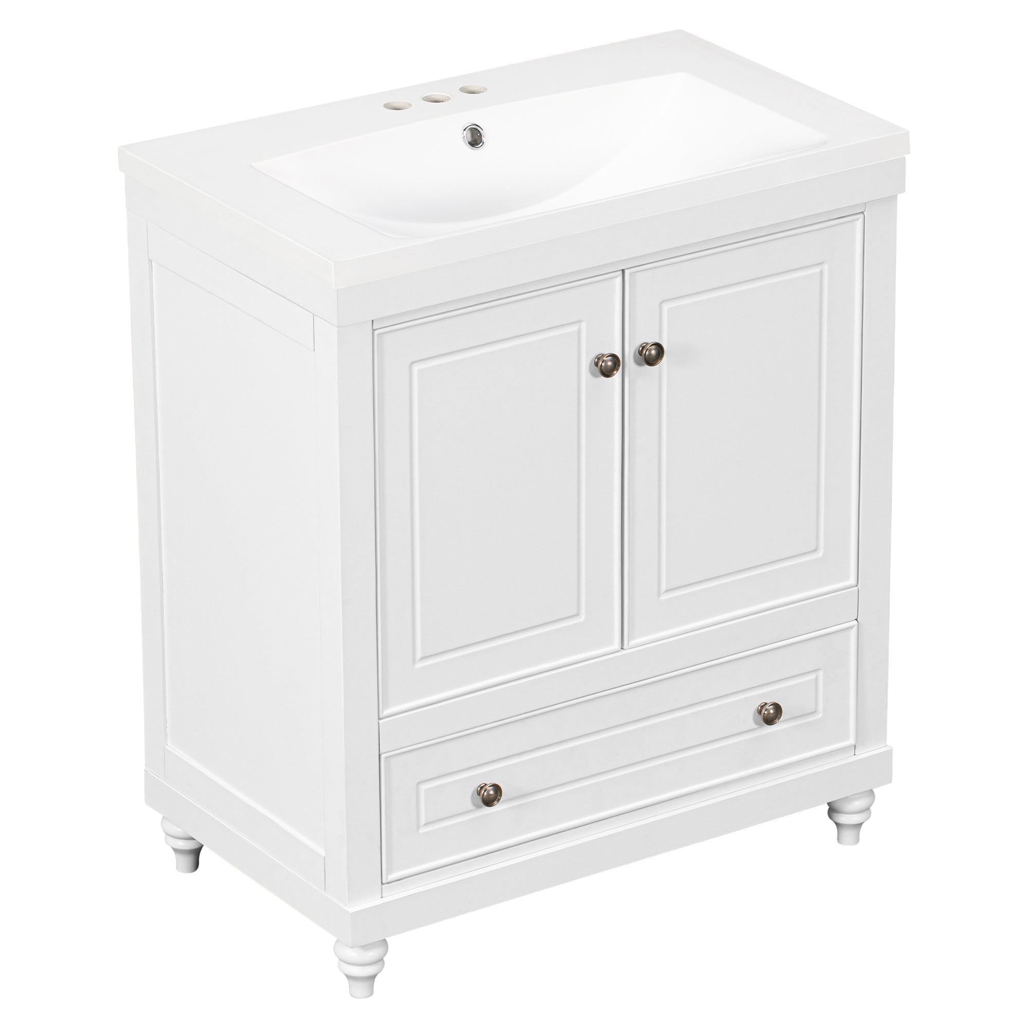 Solid Wood Freestanding Bathroom Vanity Set in White with Drawer, Integrated Sink and Doors