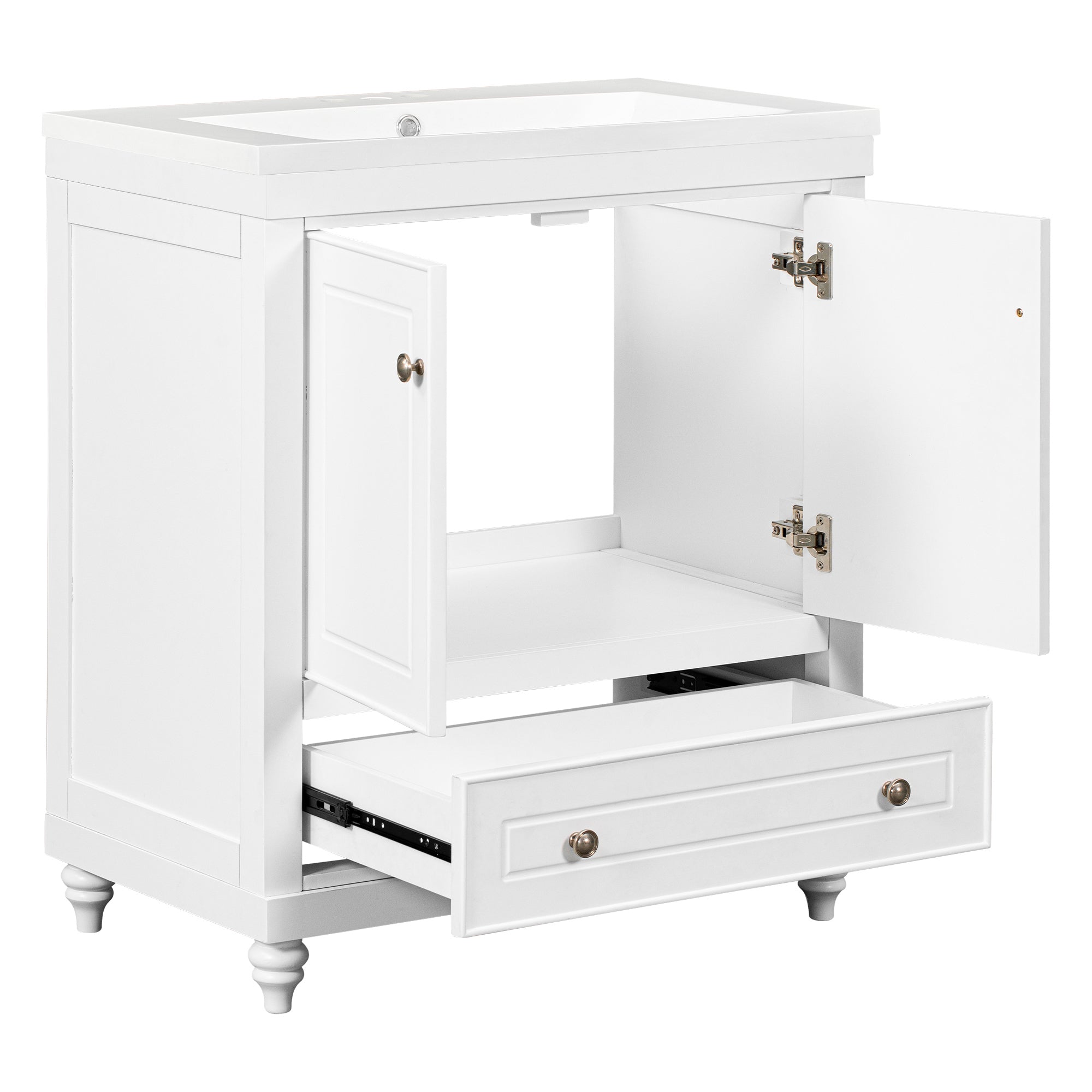 Solid Wood Freestanding Bathroom Vanity Set in White with Drawer, Integrated Sink and Doors