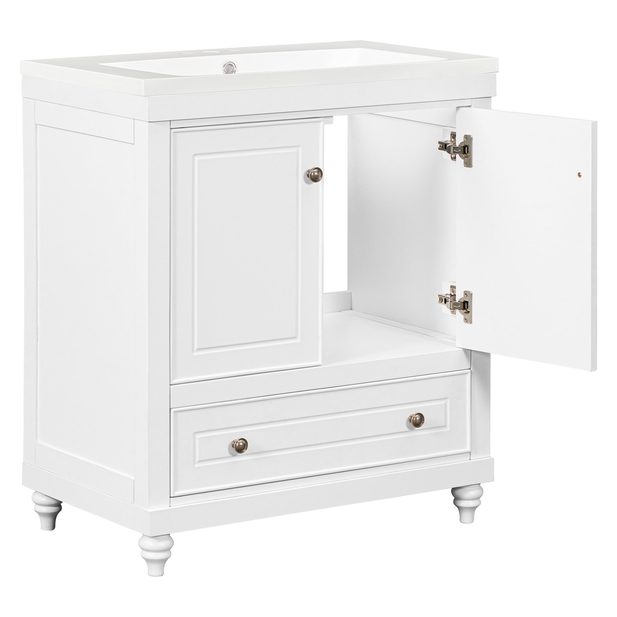 Solid Wood Freestanding Bathroom Vanity Set in White with Drawer, Integrated Sink and Doors
