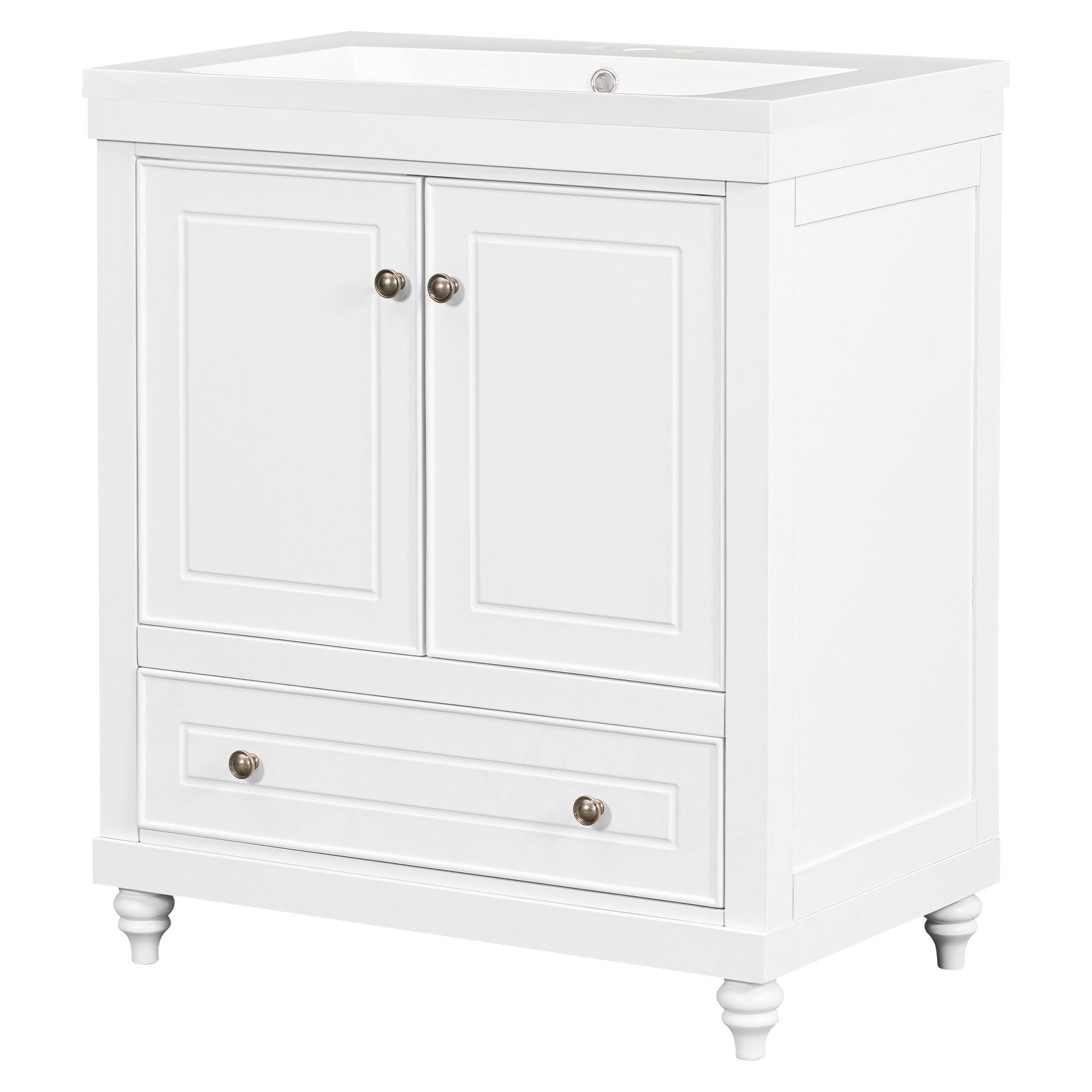 Solid Wood Freestanding Bathroom Vanity Set in White with Drawer, Integrated Sink and Doors
