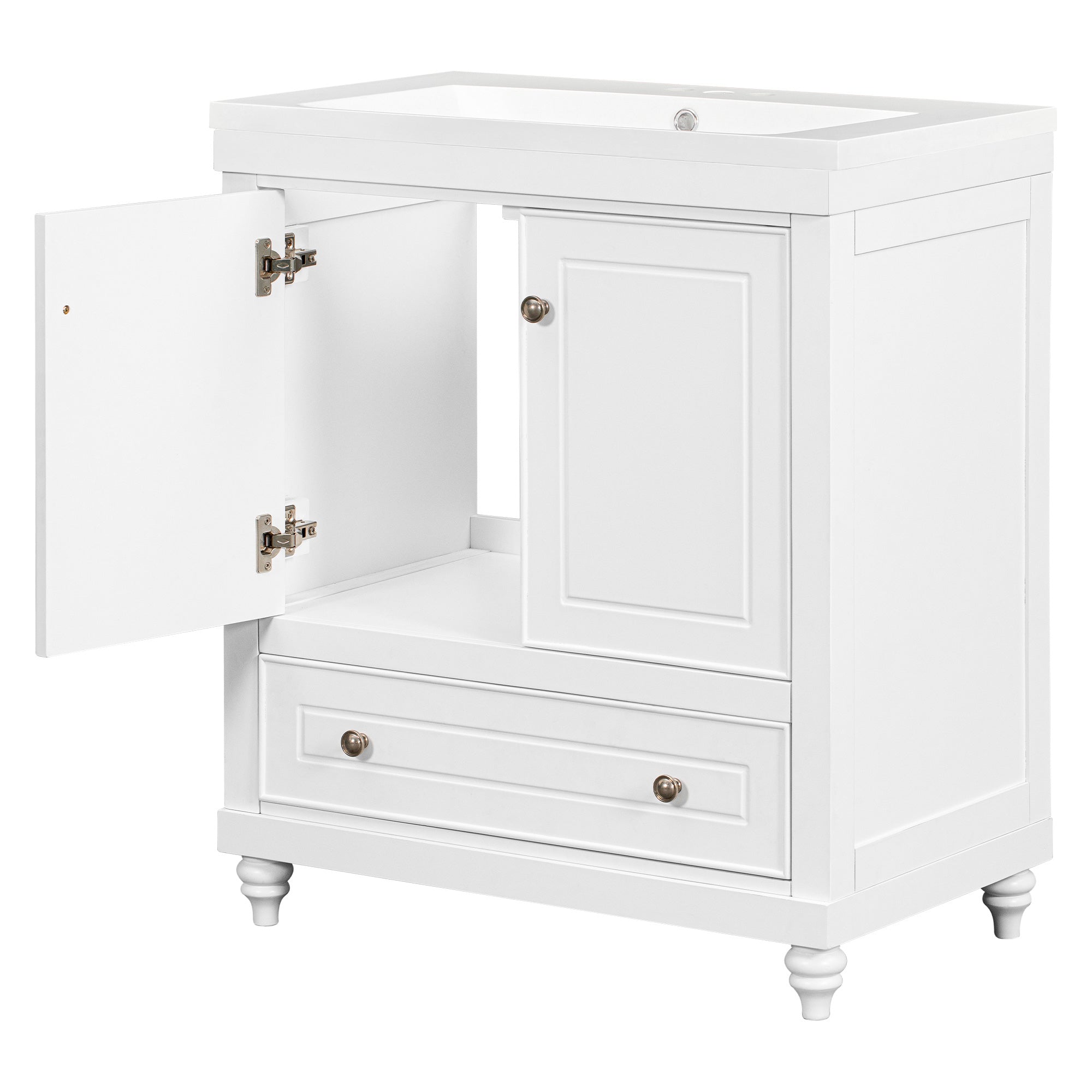 Solid Wood Freestanding Bathroom Vanity Set in White with Drawer, Integrated Sink and Doors