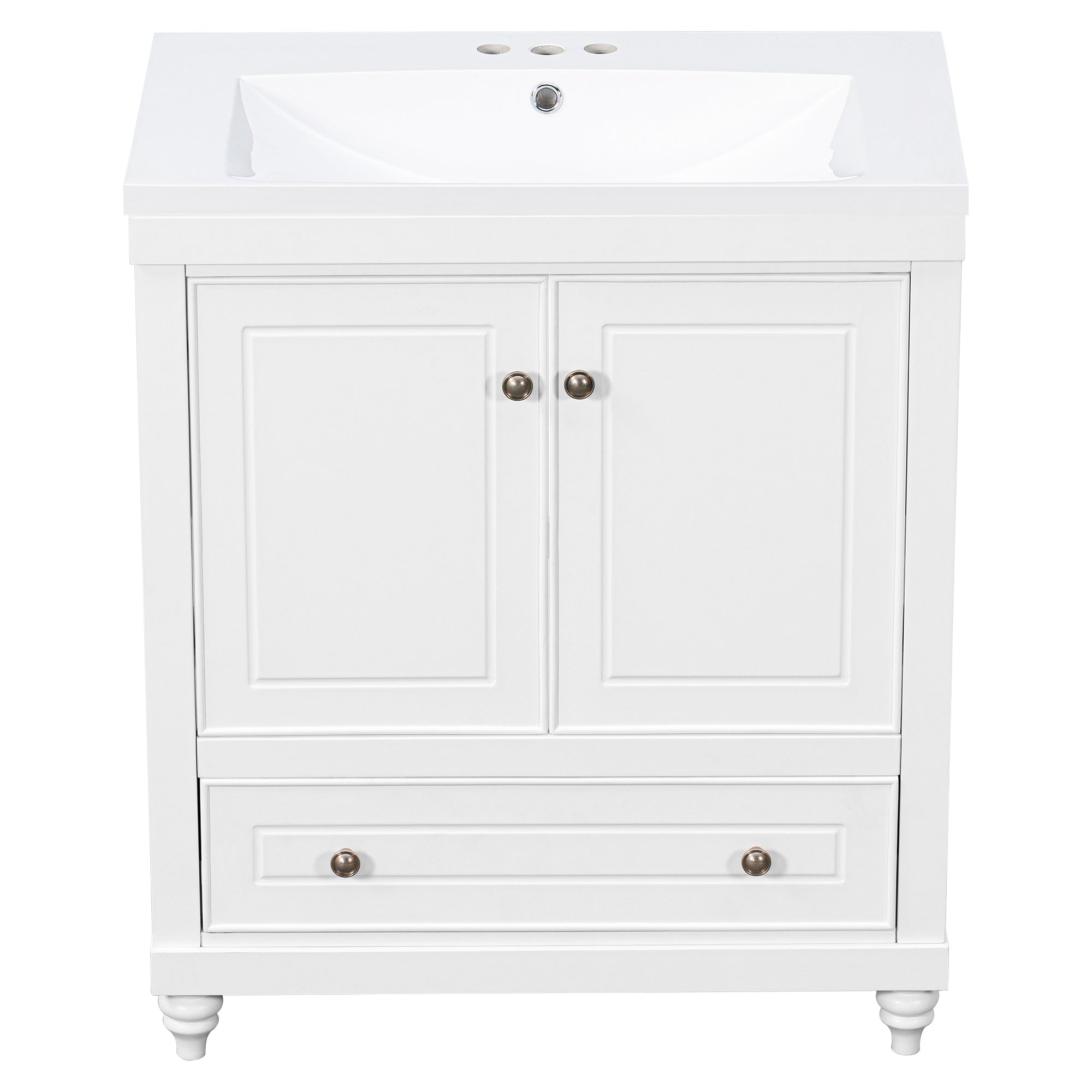 Solid Wood Freestanding Bathroom Vanity Set in White with Drawer, Integrated Sink and Doors