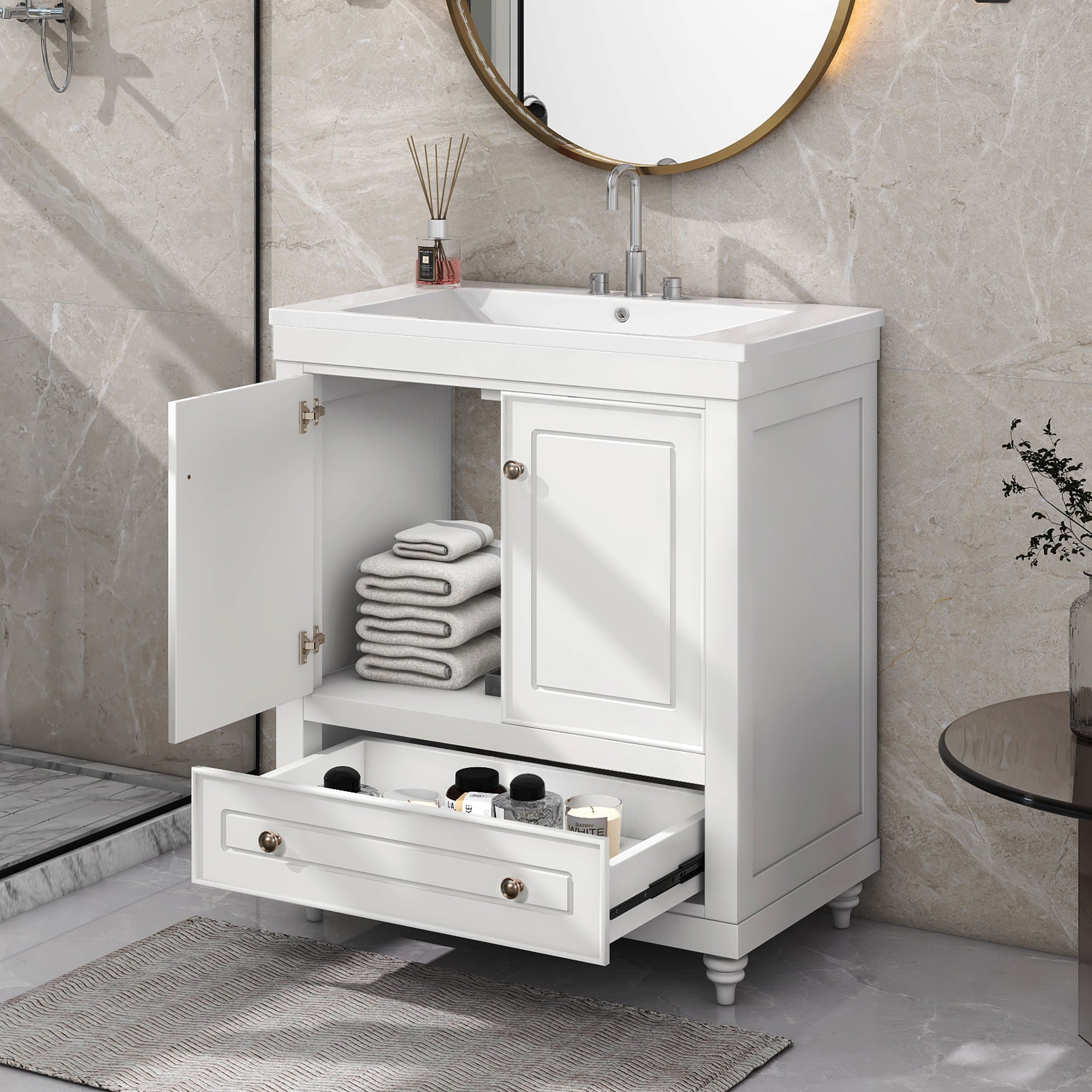 Solid Wood Freestanding Bathroom Vanity Set in White with Drawer, Integrated Sink and Doors