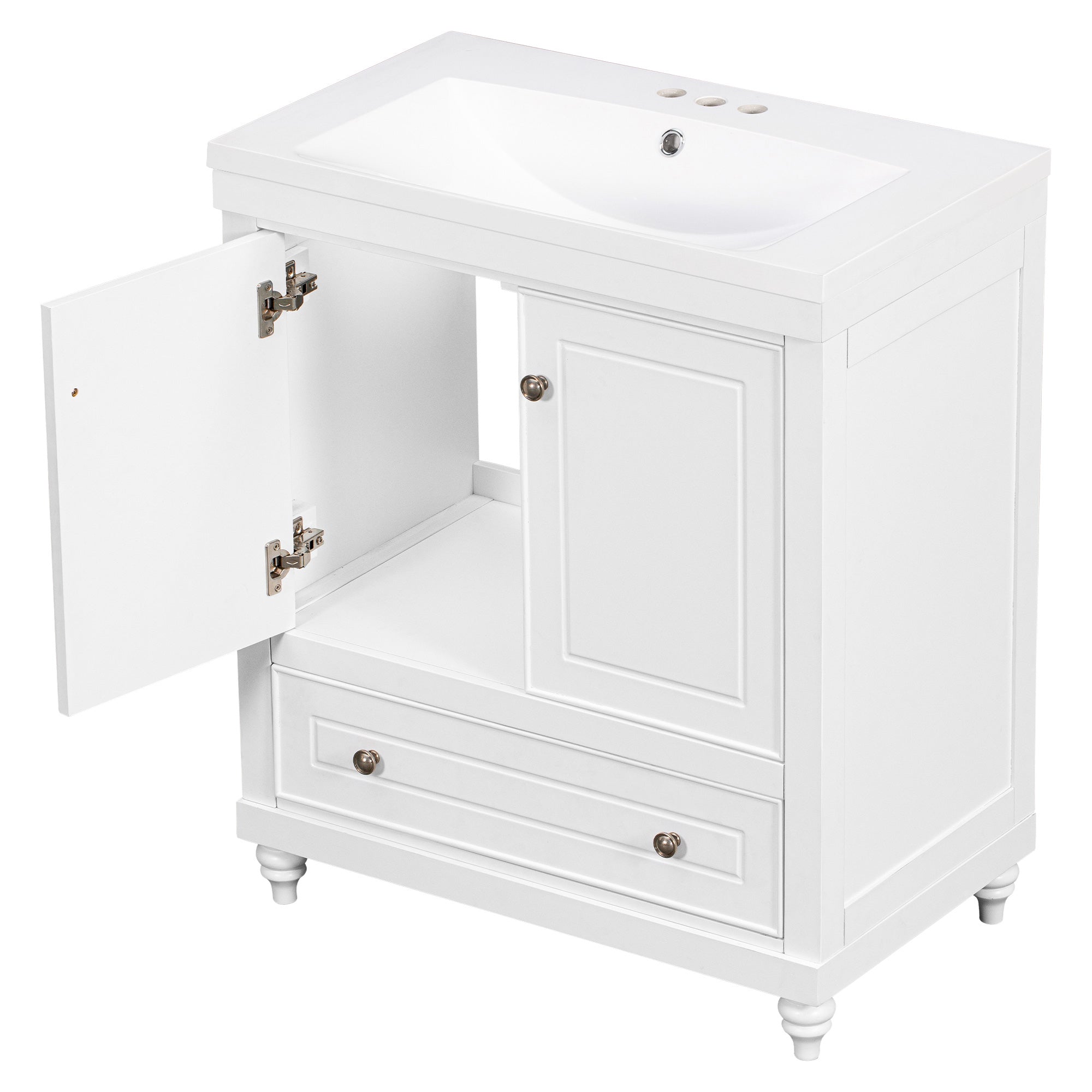 Solid Wood Freestanding Bathroom Vanity Set in White with Drawer, Integrated Sink and Doors