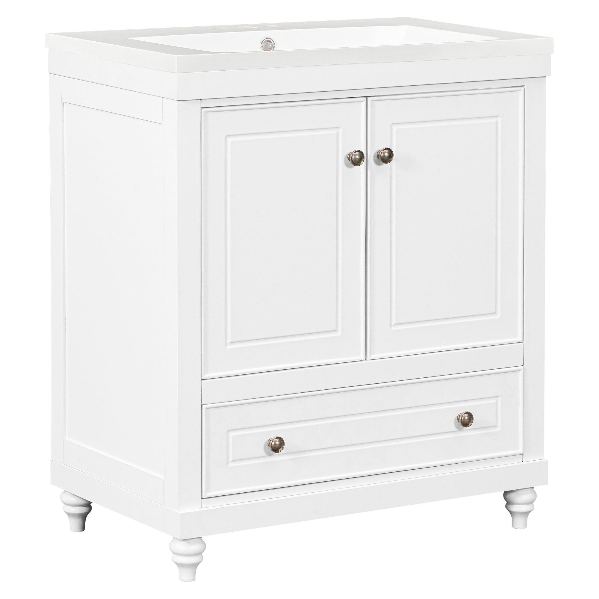 Solid Wood Freestanding Bathroom Vanity Set in White with Drawer, Integrated Sink and Doors