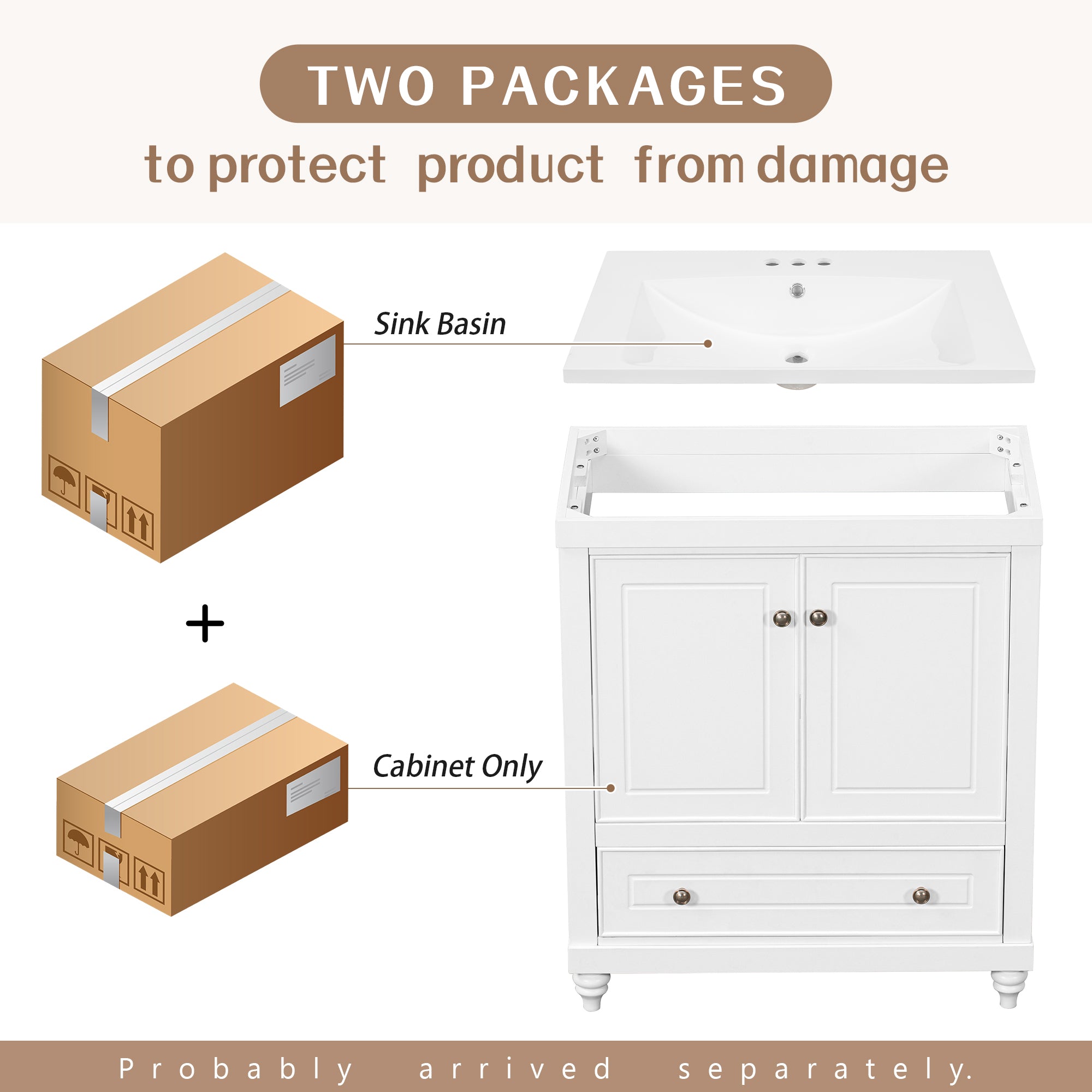 Solid Wood Freestanding Bathroom Vanity Set in White with Drawer, Integrated Sink and Doors