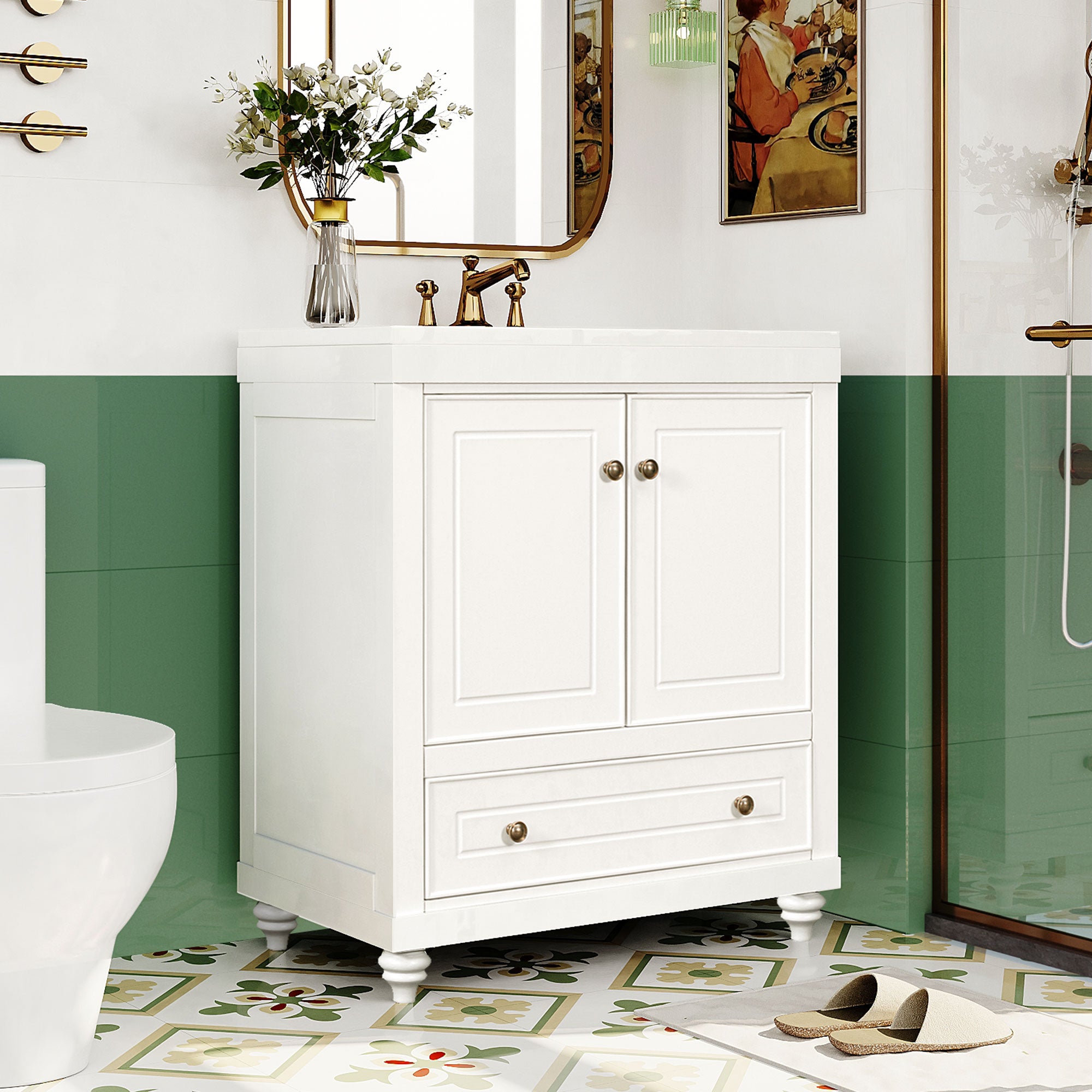 Solid Wood Freestanding Bathroom Vanity Set in White with Drawer, Integrated Sink and Doors