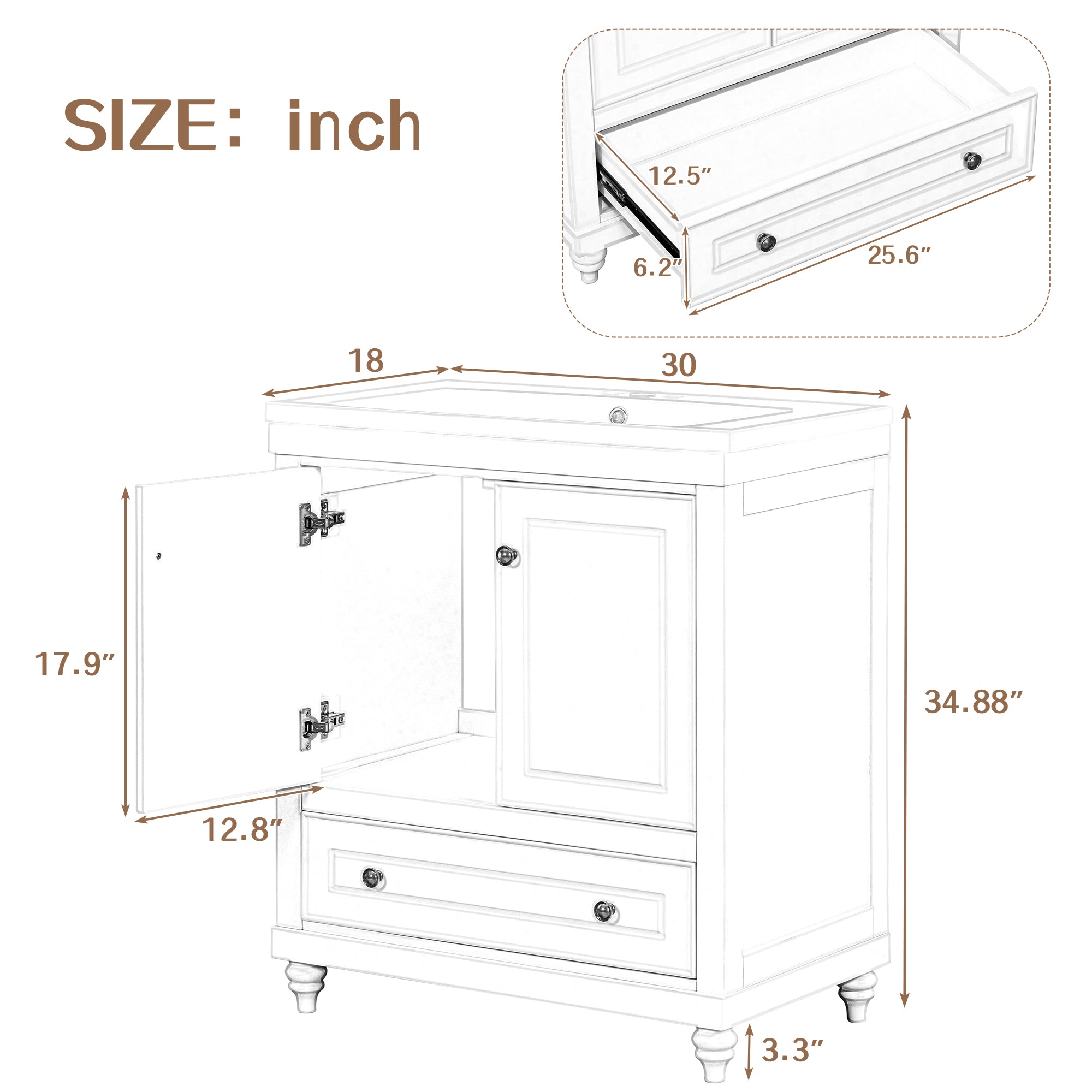 Solid Wood Freestanding Bathroom Vanity Set in White with Drawer, Integrated Sink and Doors
