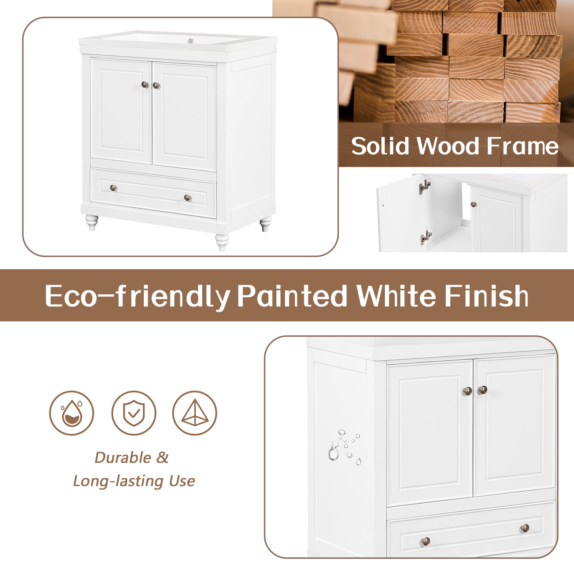 Solid Wood Freestanding Bathroom Vanity Set in White with Drawer, Integrated Sink and Doors