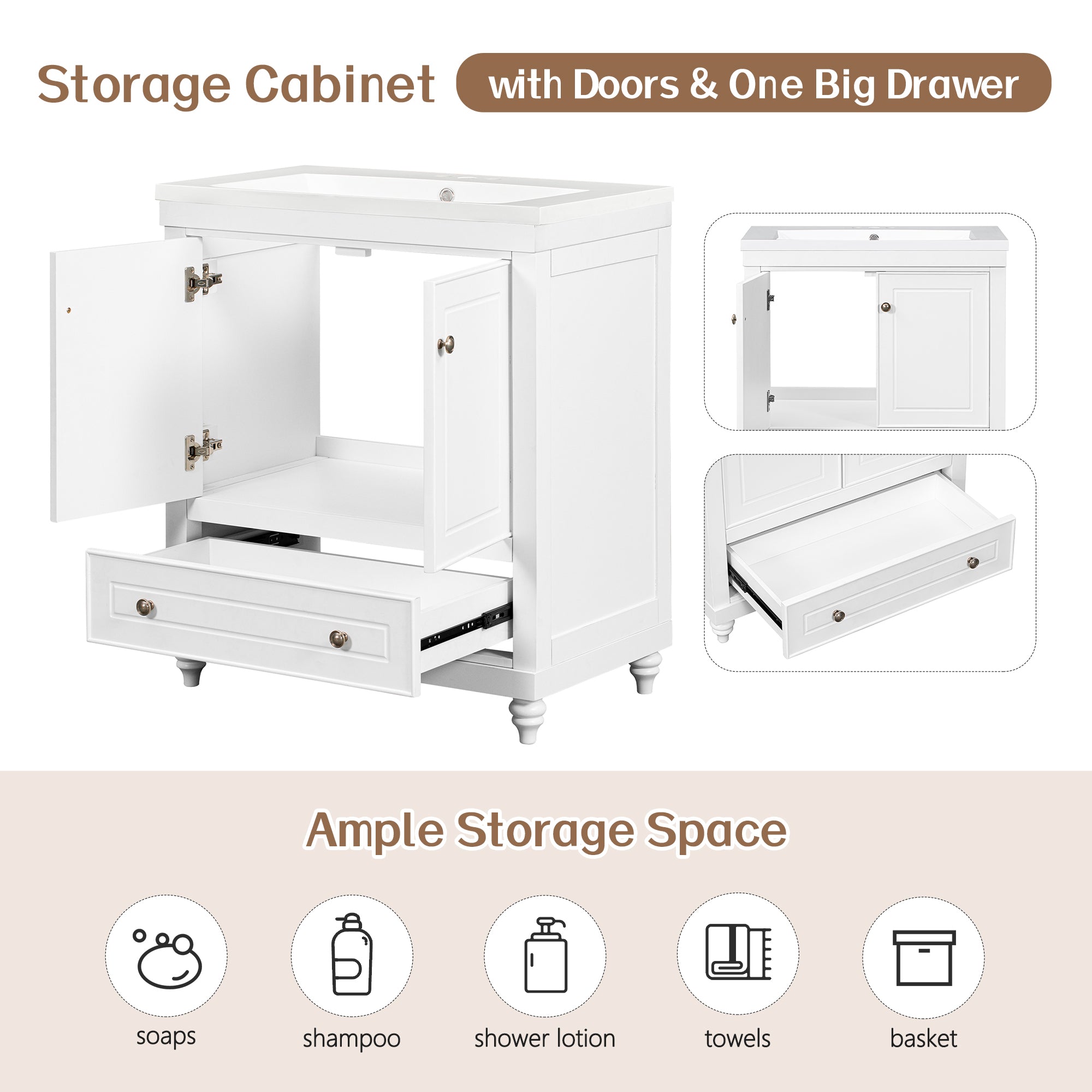 Solid Wood Freestanding Bathroom Vanity Set in White with Drawer, Integrated Sink and Doors