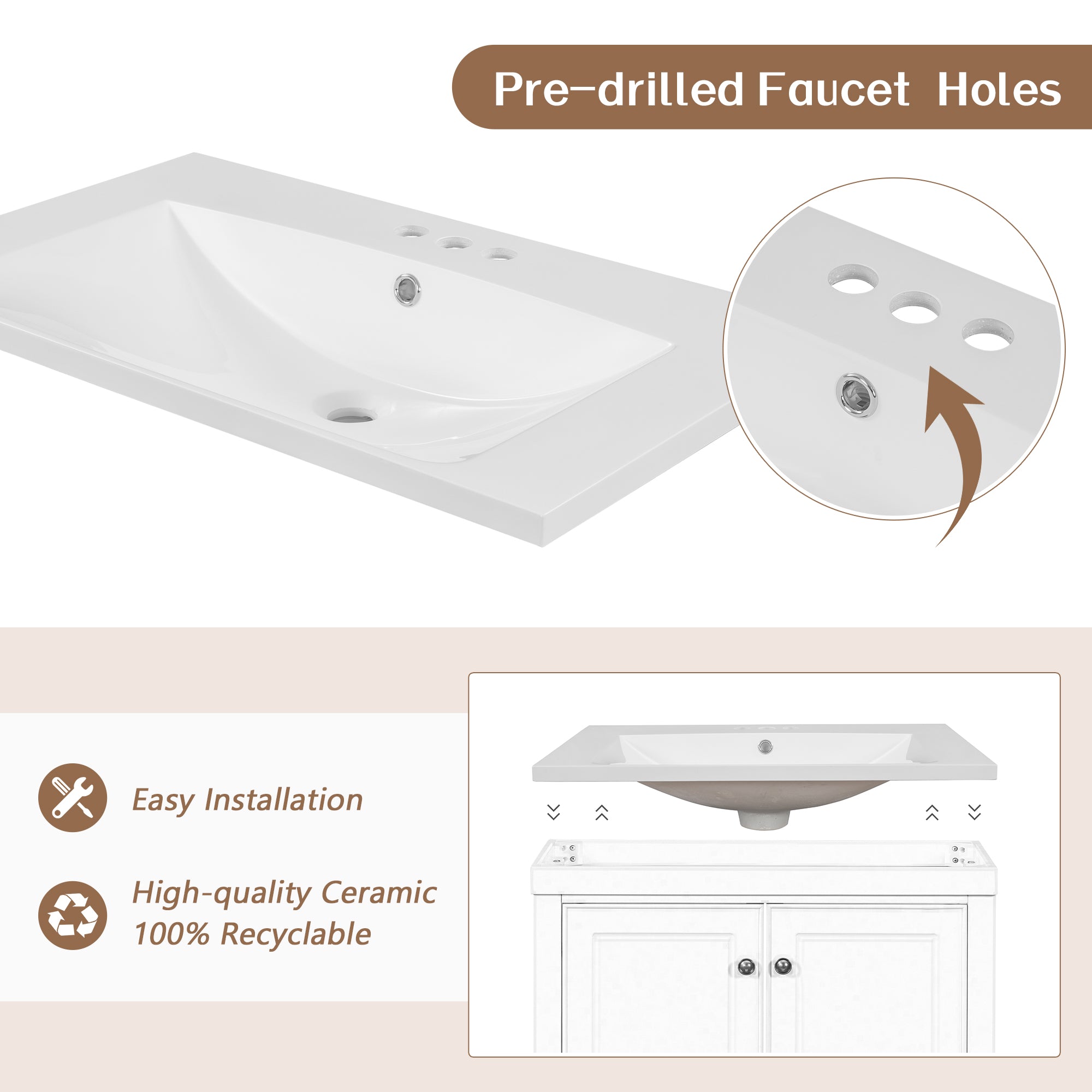 Solid Wood Freestanding Bathroom Vanity Set in White with Drawer, Integrated Sink and Doors