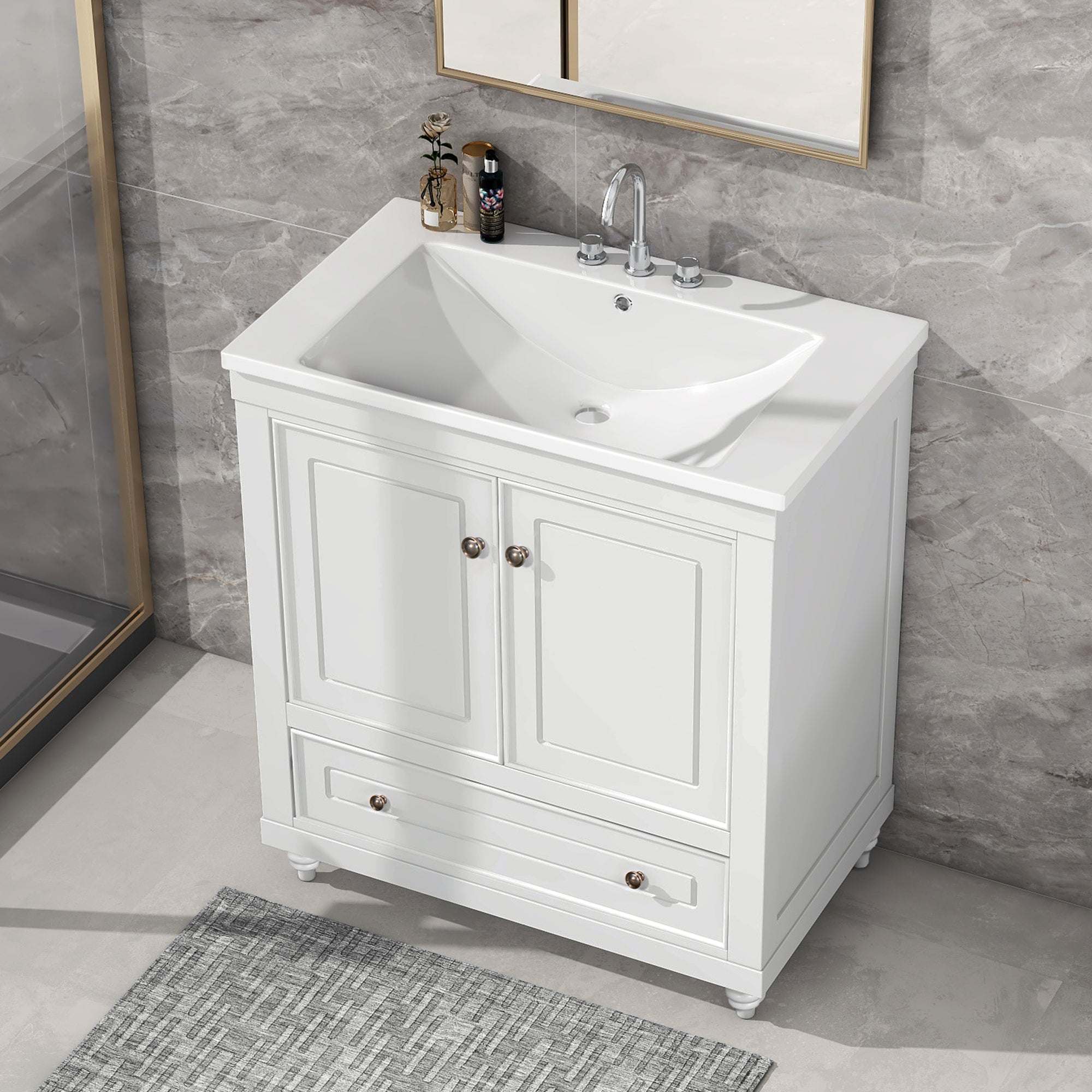 Solid Wood Freestanding Bathroom Vanity Set in White with Drawer, Integrated Sink and Doors