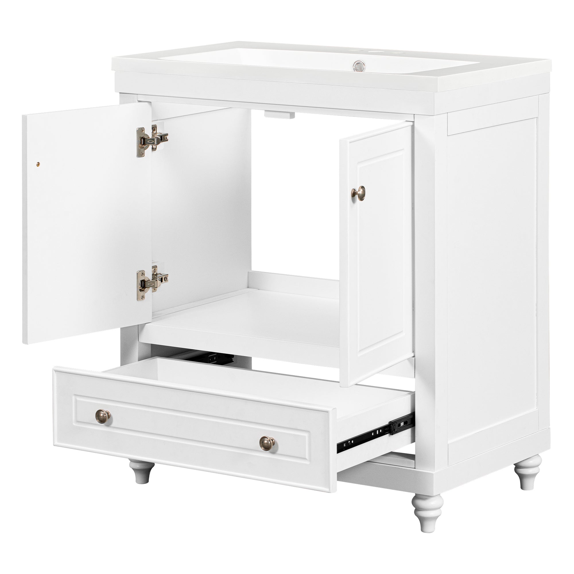 Solid Wood Freestanding Bathroom Vanity Set in White with Drawer, Integrated Sink and Doors