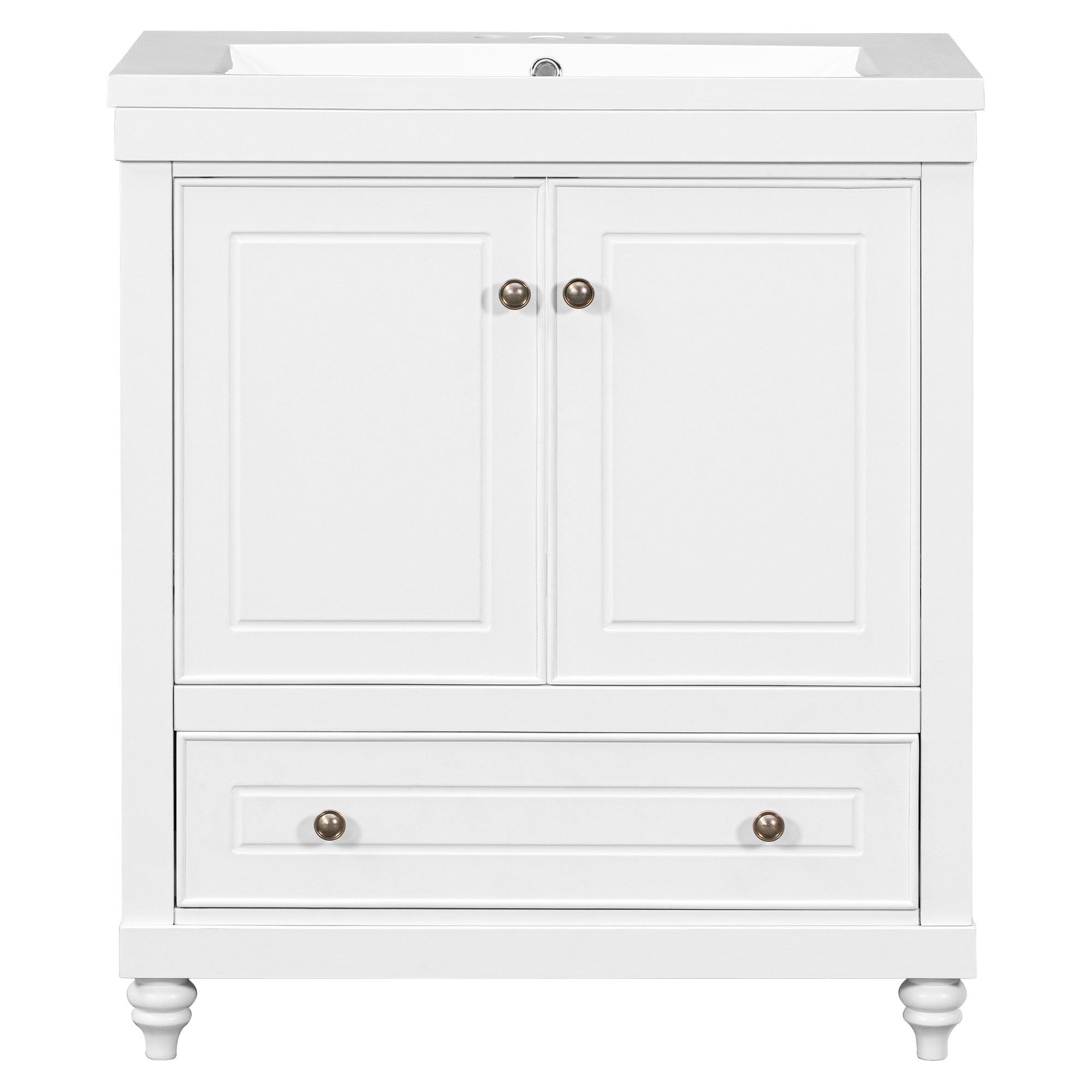 Solid Wood Freestanding Bathroom Vanity Set in White with Drawer, Integrated Sink and Doors