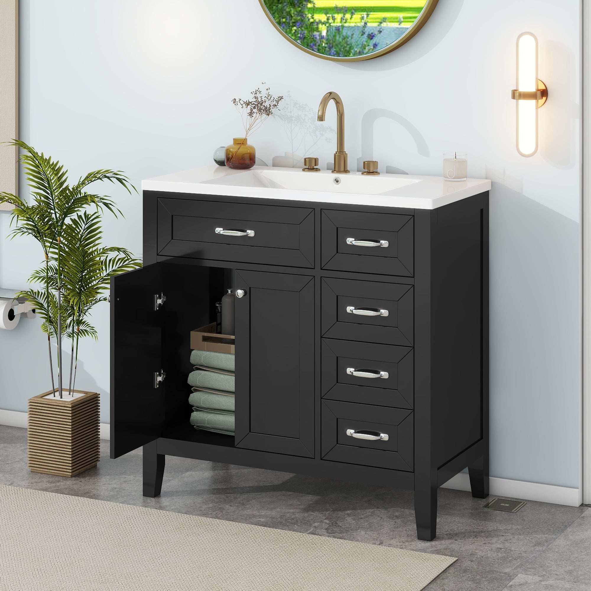 36 in.W MDF Freestanding Bathroom Vanity Set with Integrated Sink, Drawers and Doors
