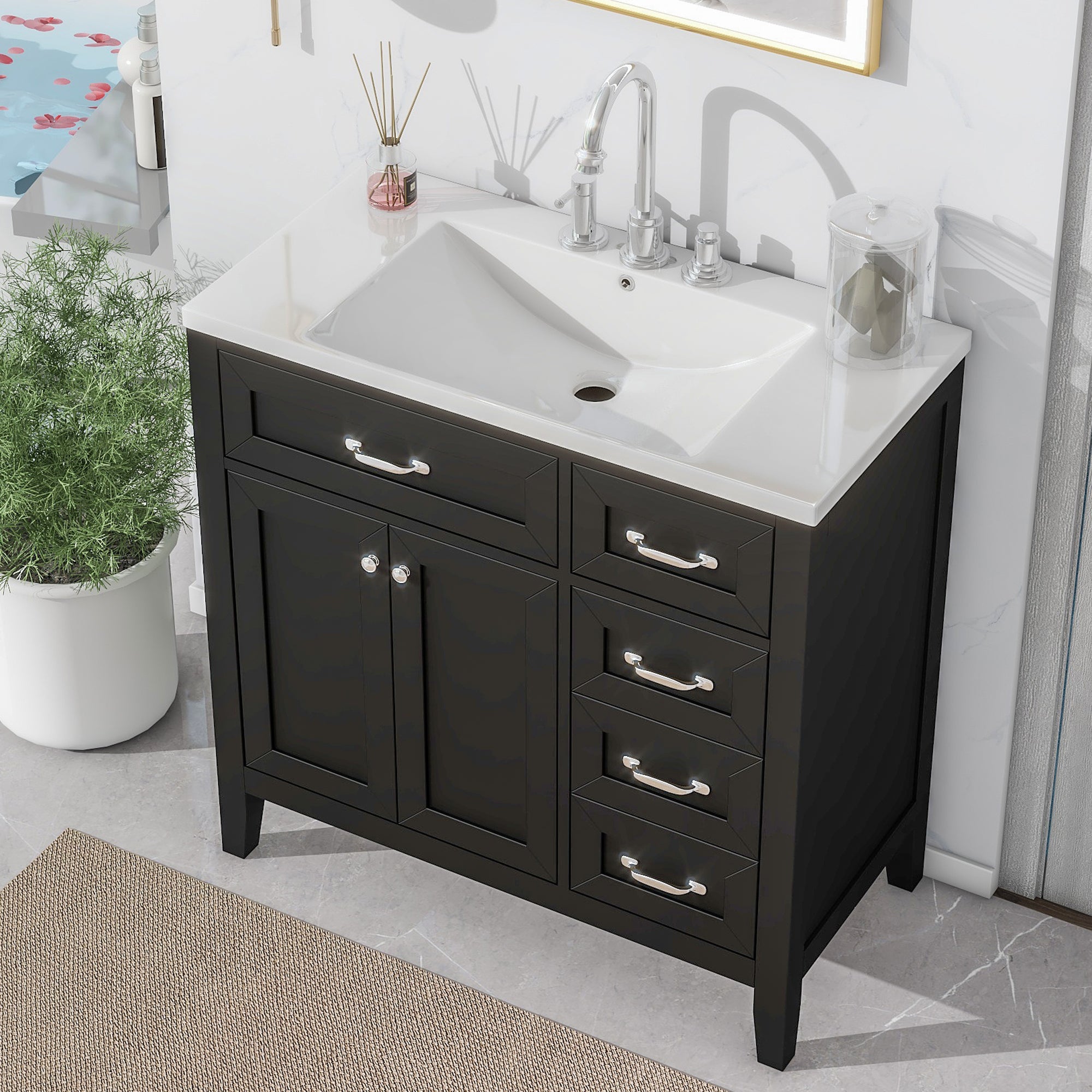 36 in.W MDF Freestanding Bathroom Vanity Set with Integrated Sink, Drawers and Doors