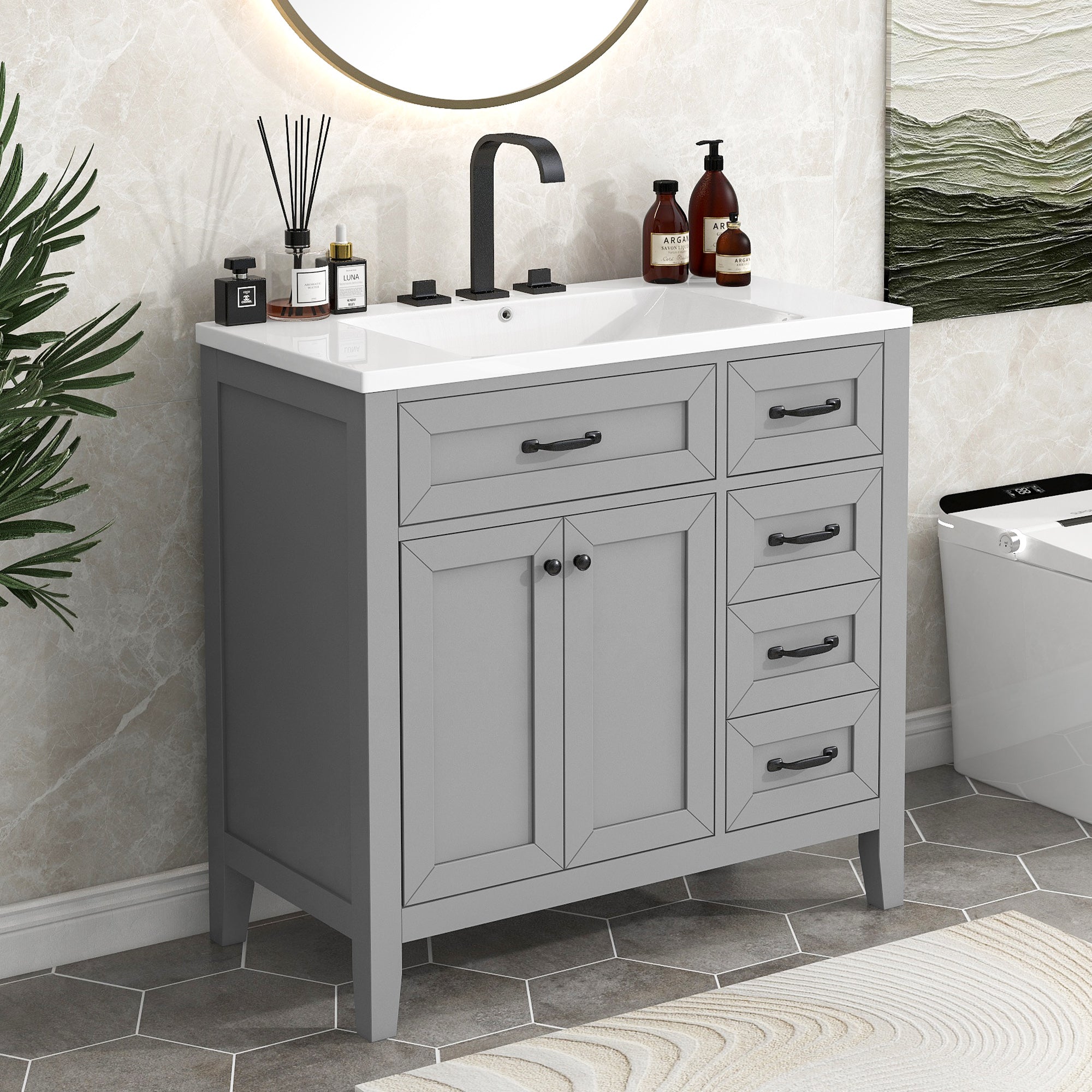 36 in.W MDF Freestanding Bathroom Vanity Set with Integrated Sink, Drawers and Doors