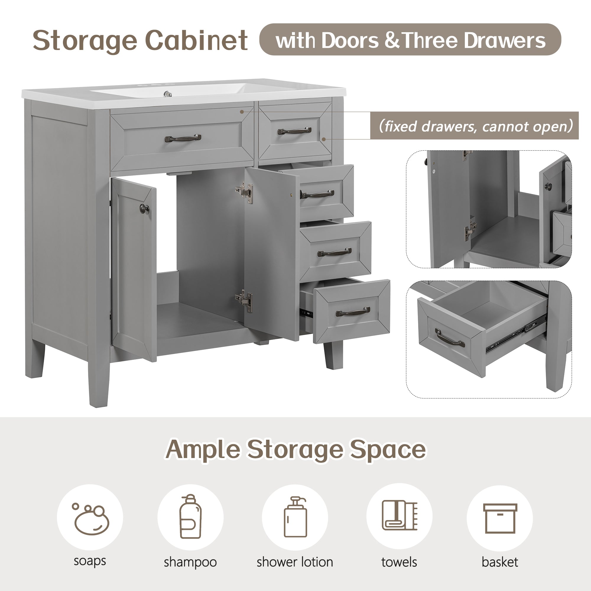 36 in.W MDF Freestanding Bathroom Vanity Set with Integrated Sink, Drawers and Doors