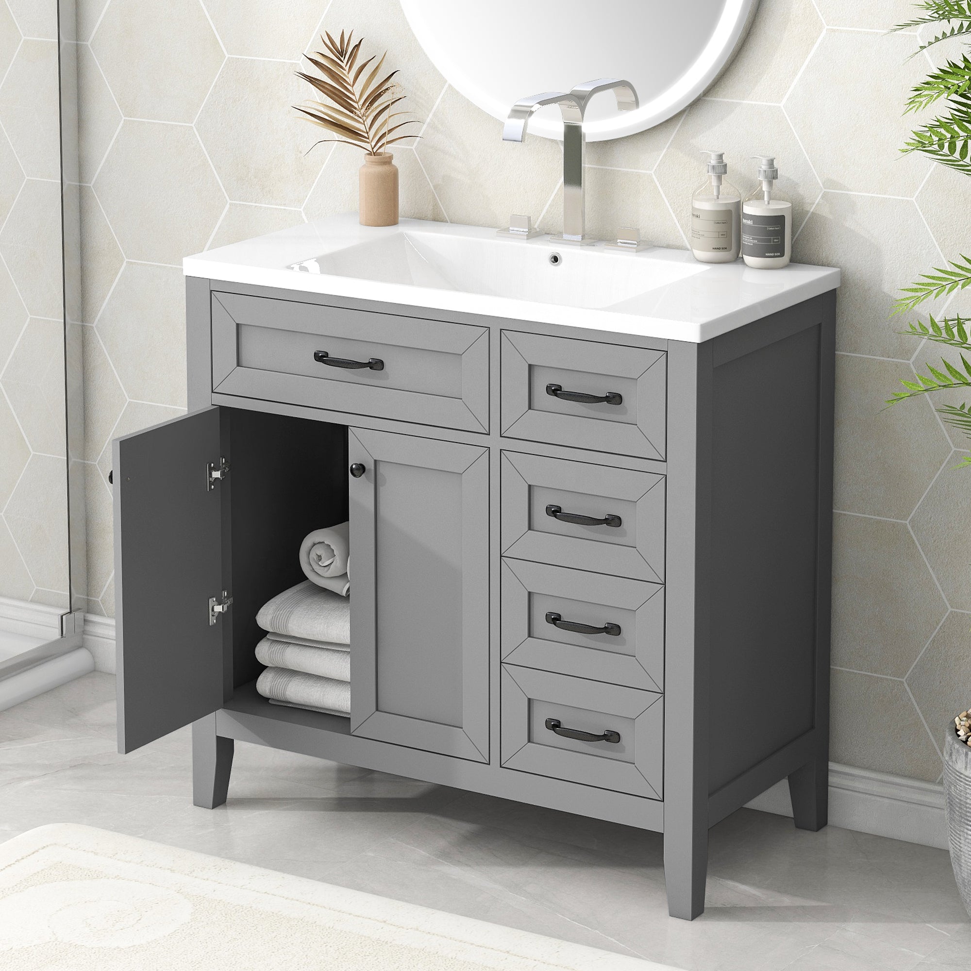 36 in.W MDF Freestanding Bathroom Vanity Set with Integrated Sink, Drawers and Doors