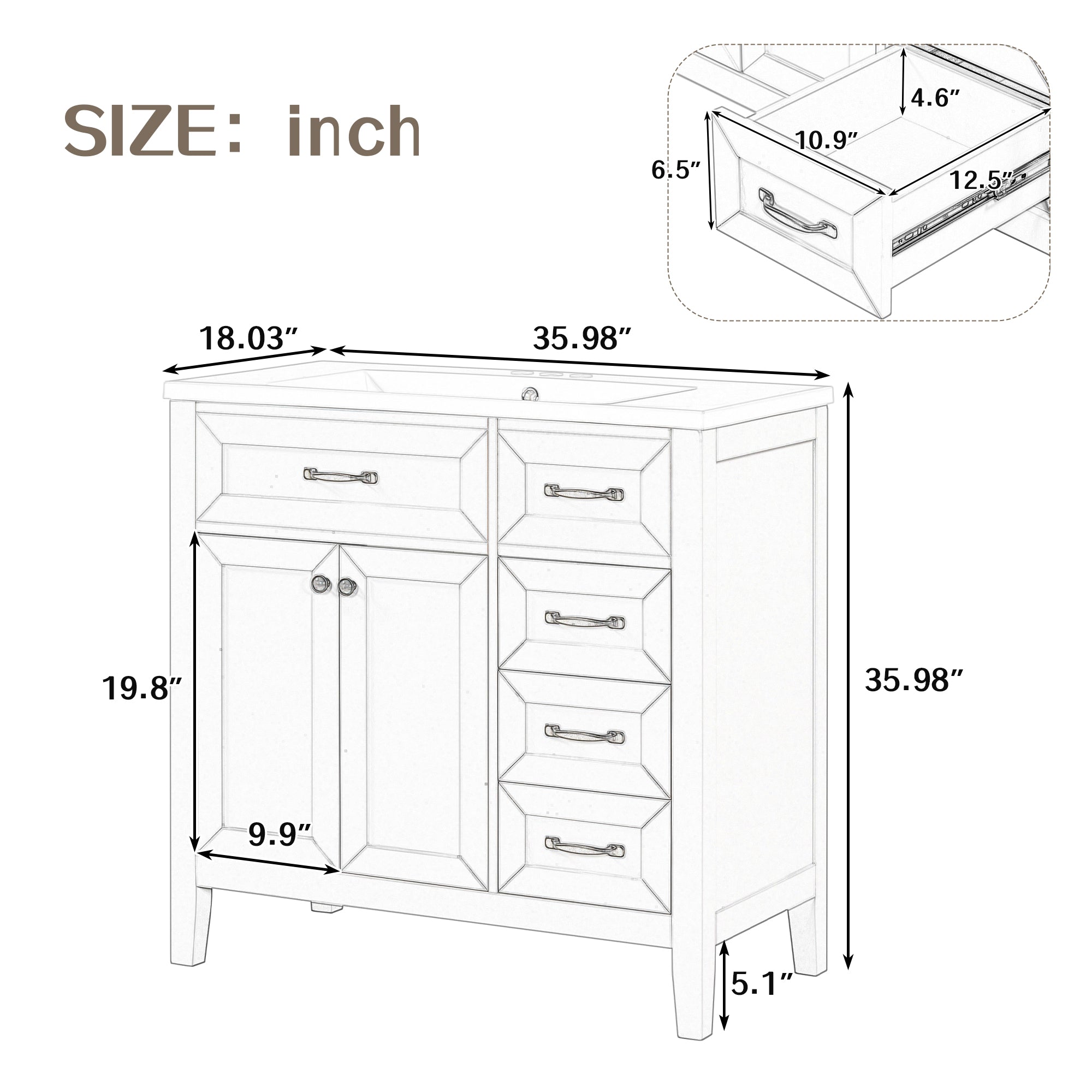 36 in.W MDF Freestanding Bathroom Vanity Set with Integrated Sink, Drawers and Doors