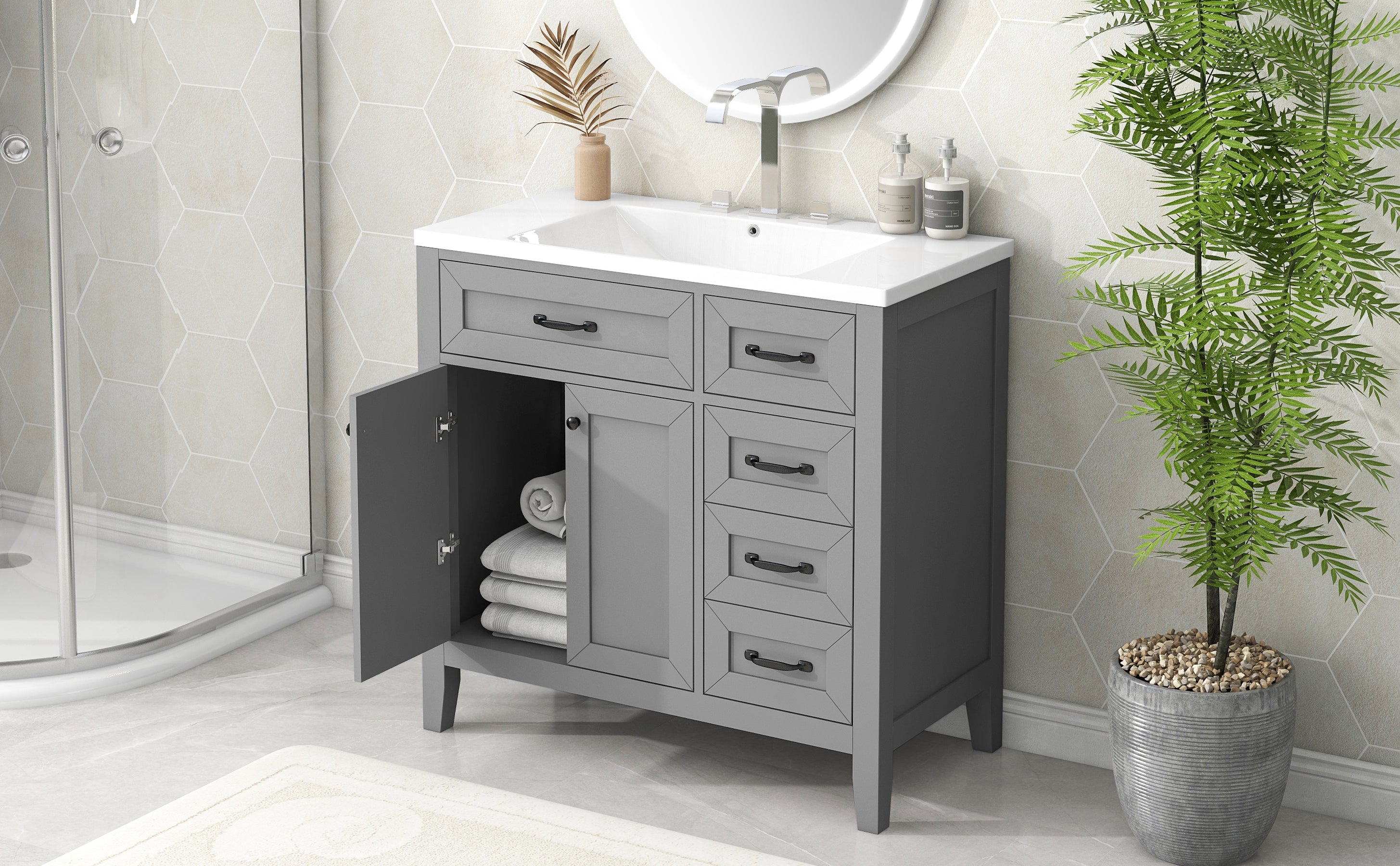 36 in.W MDF Freestanding Bathroom Vanity Set with Integrated Sink, Drawers and Doors