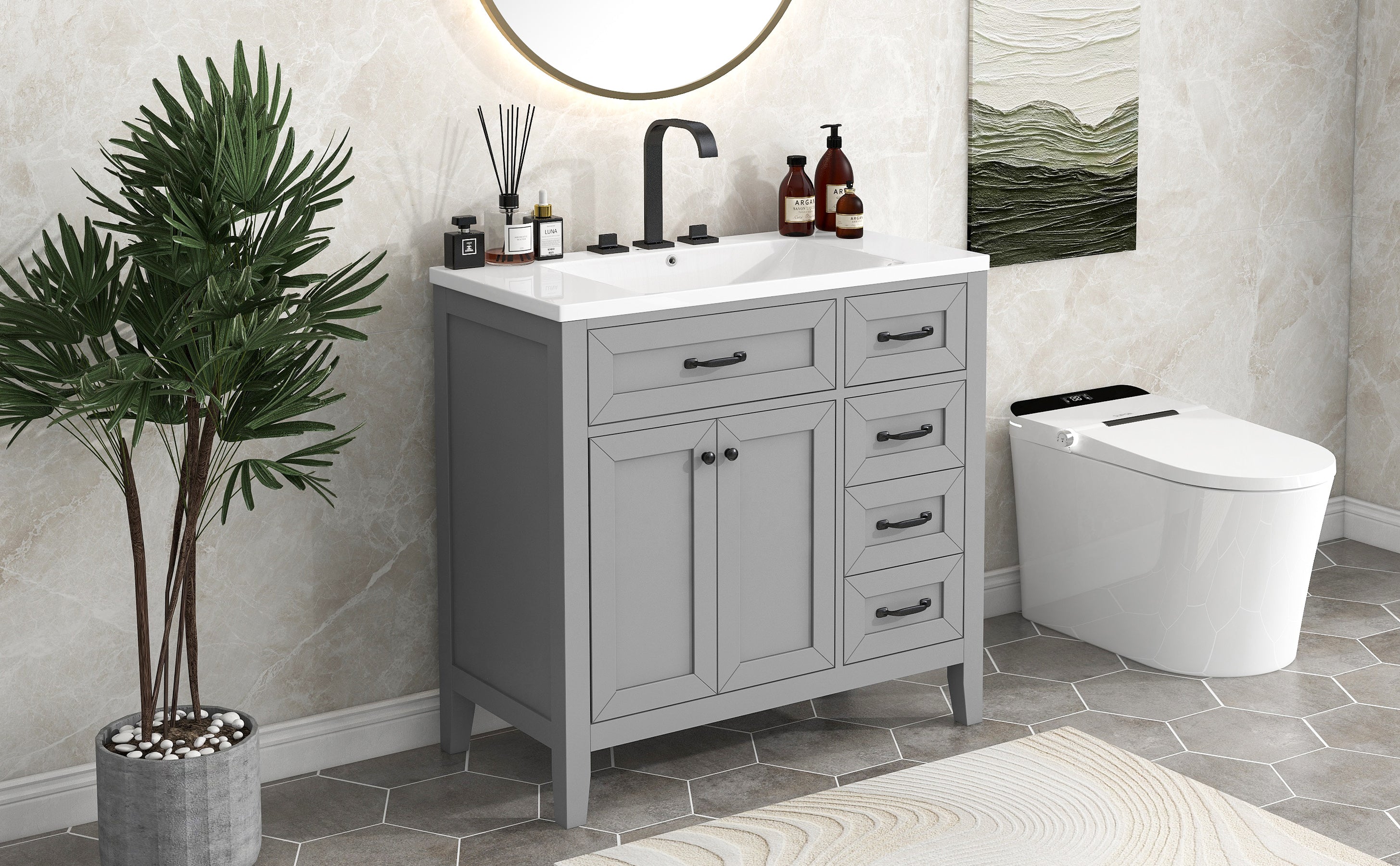 36 in.W MDF Freestanding Bathroom Vanity Set with Integrated Sink, Drawers and Doors