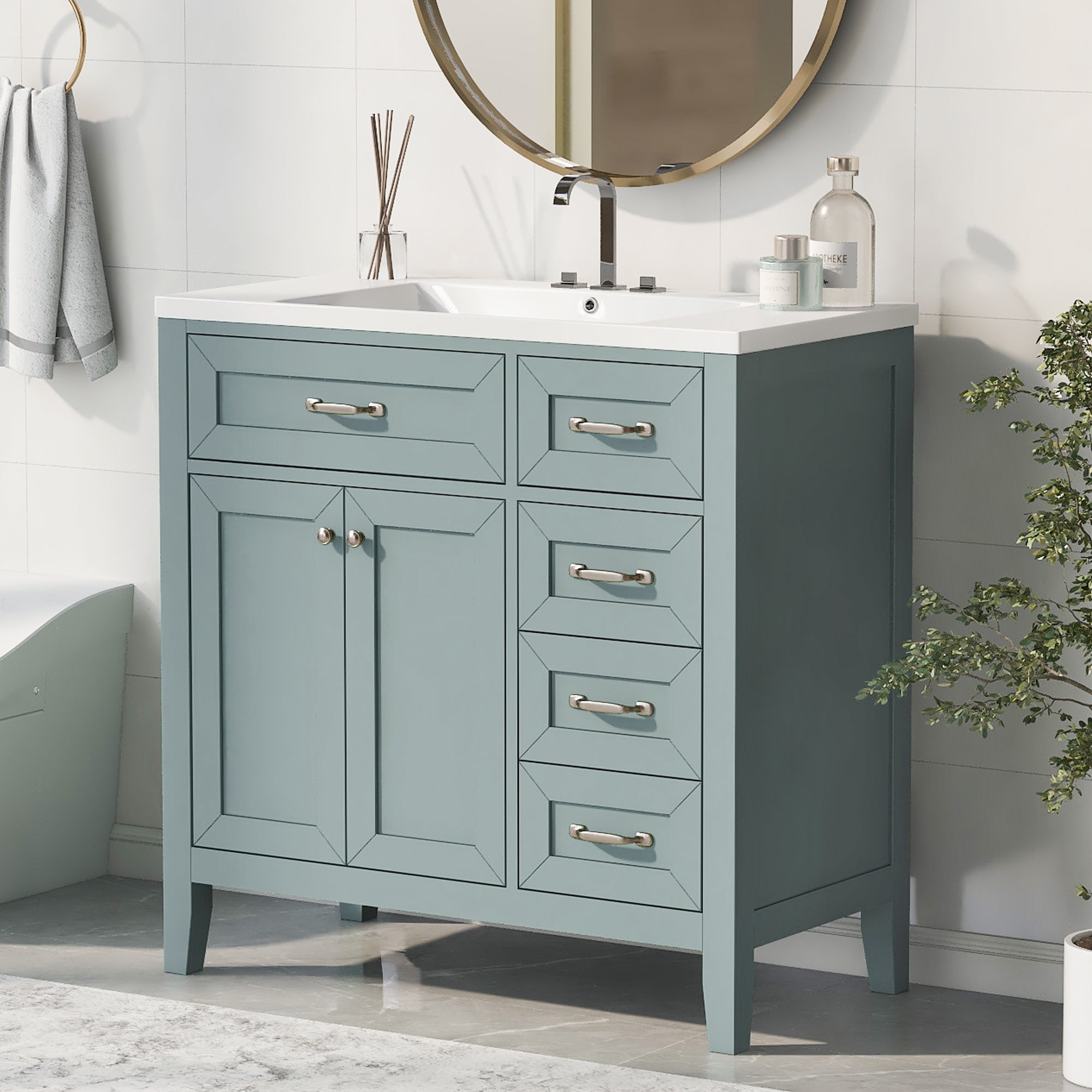 36 in.W MDF Freestanding Bathroom Vanity Set with Integrated Sink, Drawers and Doors