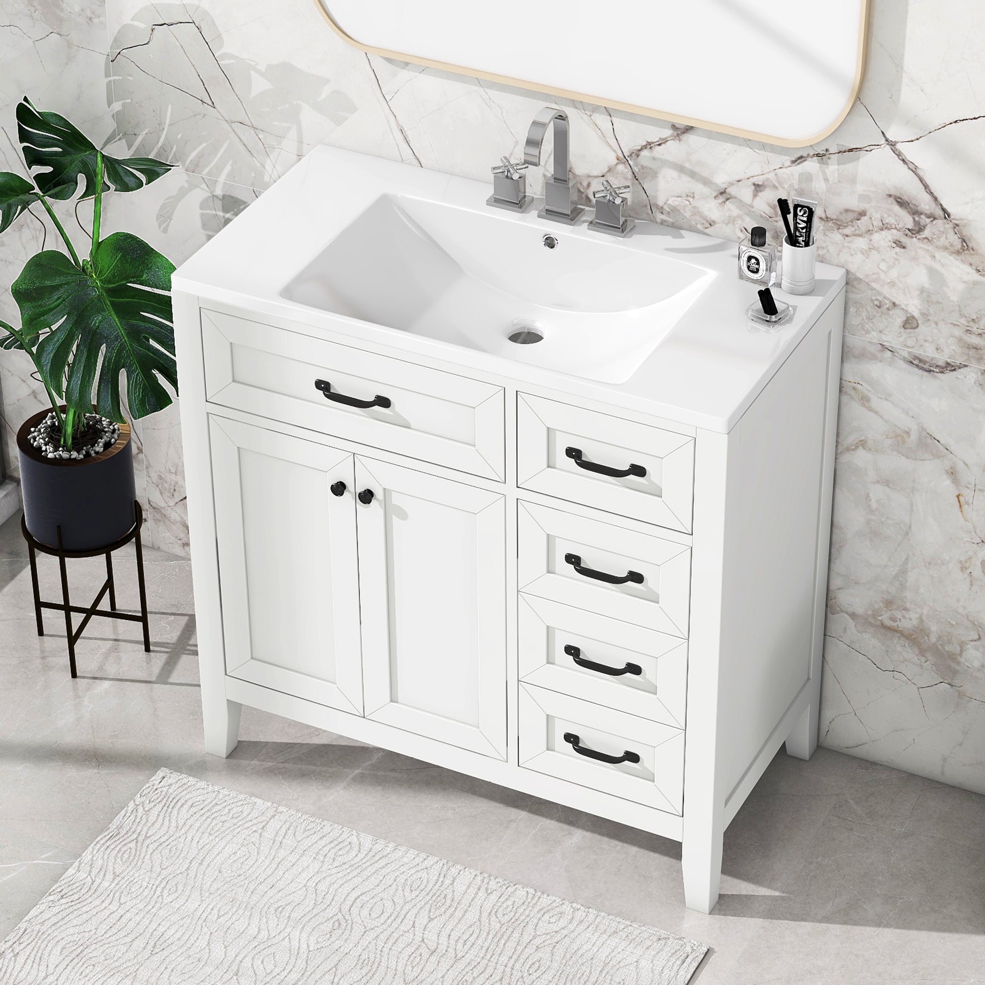 36 in.W MDF Freestanding Bathroom Vanity Set with Integrated Sink, Drawers and Doors