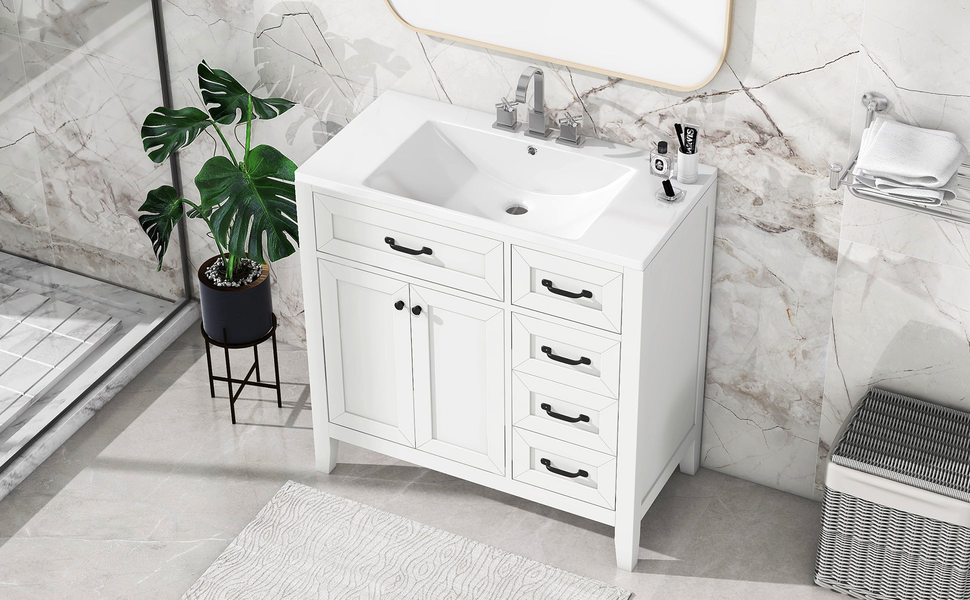 36 in.W MDF Freestanding Bathroom Vanity Set with Integrated Sink, Drawers and Doors