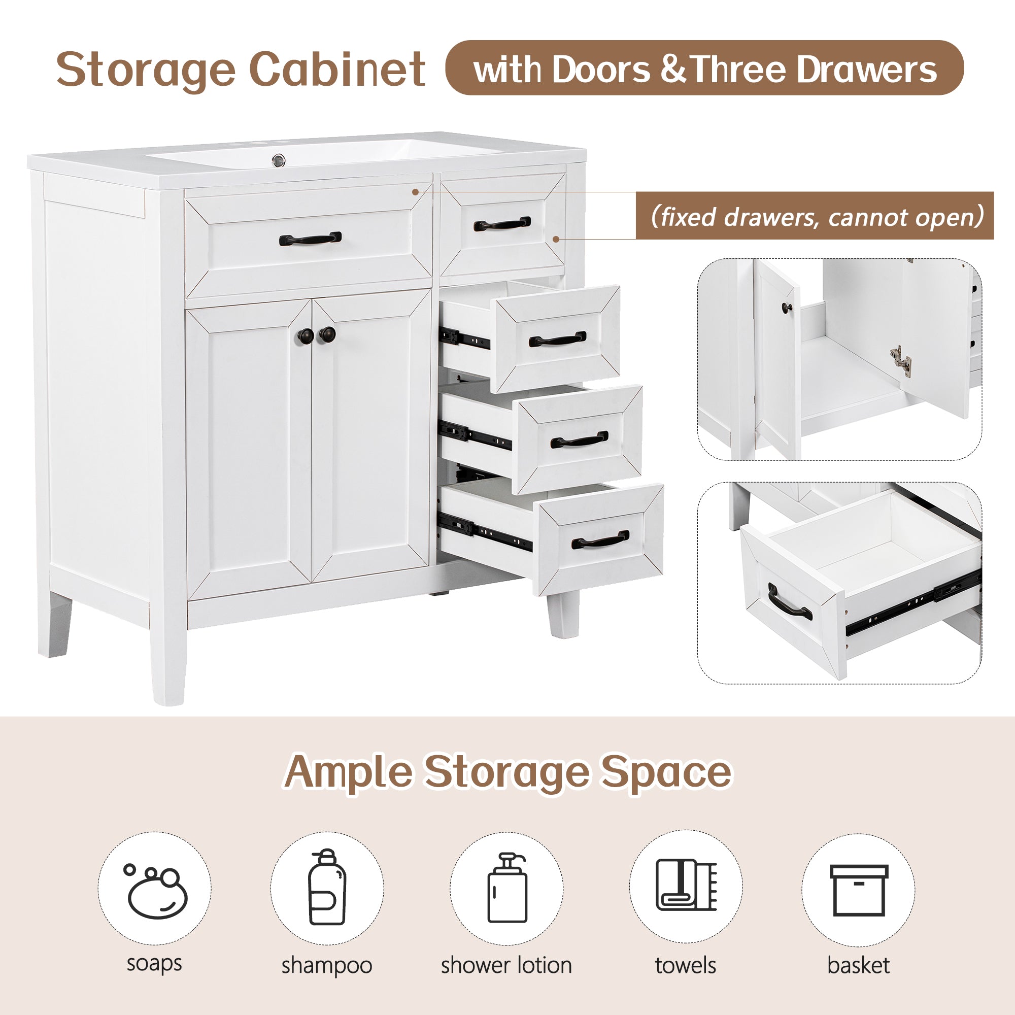 36 in.W MDF Freestanding Bathroom Vanity Set with Integrated Sink, Drawers and Doors