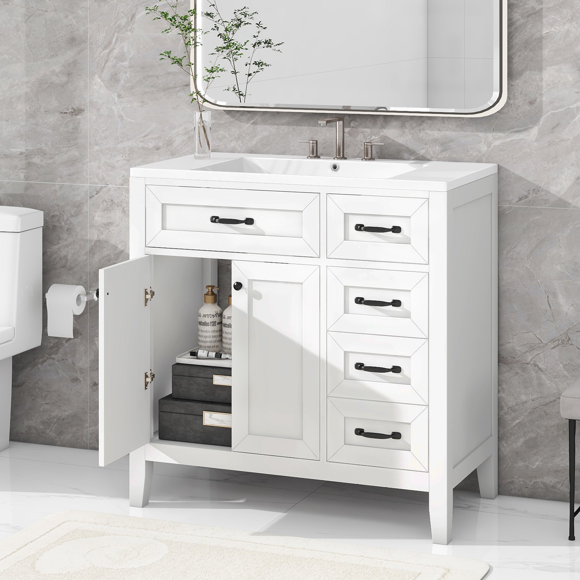 36 in.W MDF Freestanding Bathroom Vanity Set with Integrated Sink, Drawers and Doors