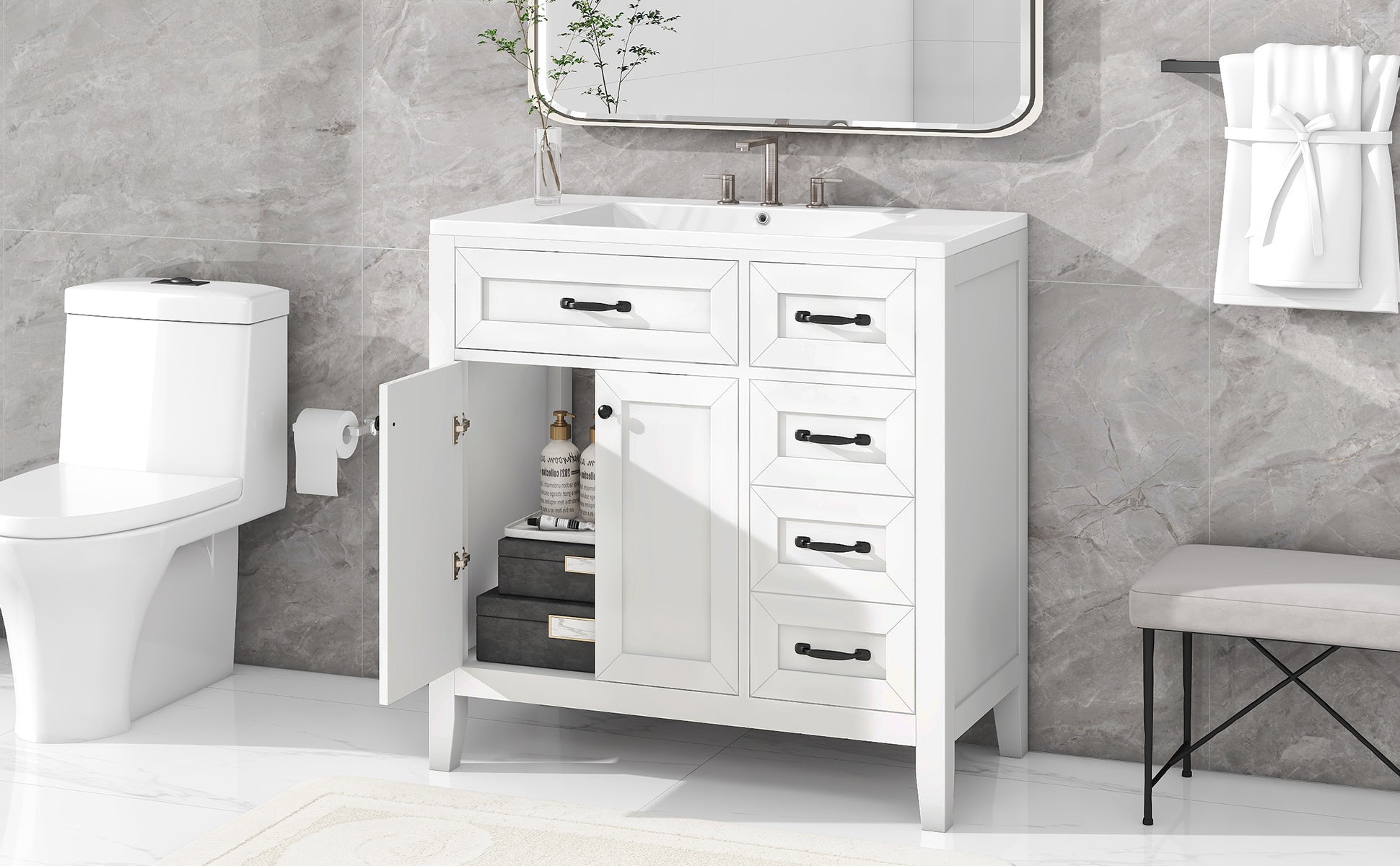 36 in.W MDF Freestanding Bathroom Vanity Set with Integrated Sink, Drawers and Doors