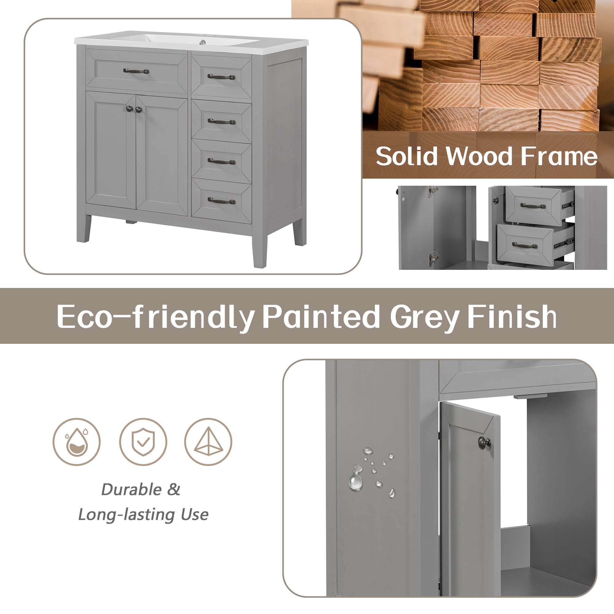 36 in.W MDF Freestanding Bathroom Vanity Set with Integrated Sink, Drawers and Doors