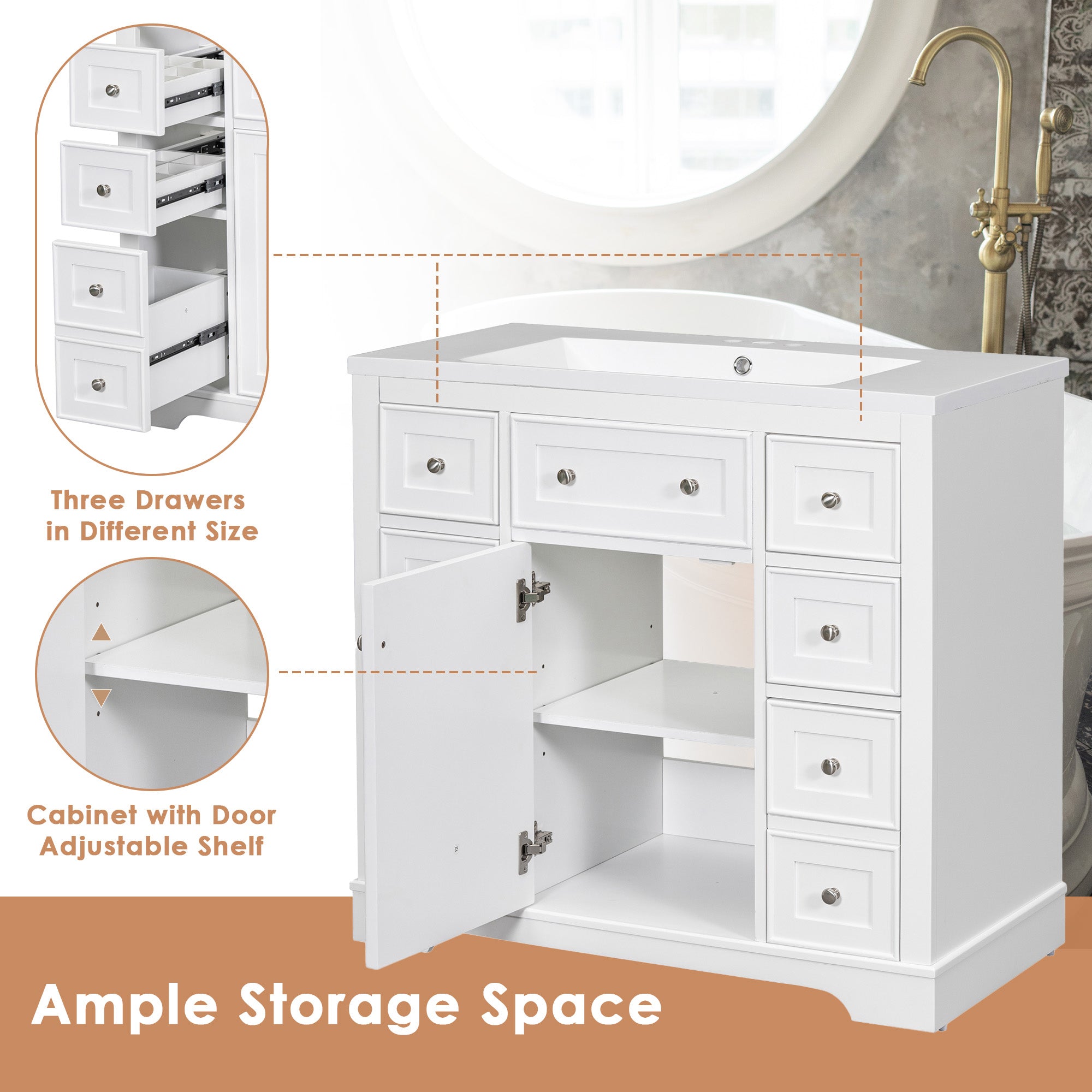30 in. W x 72 in. H Freestanding Bathroom Cabinet in White with Adjustable Shelf and Drawer