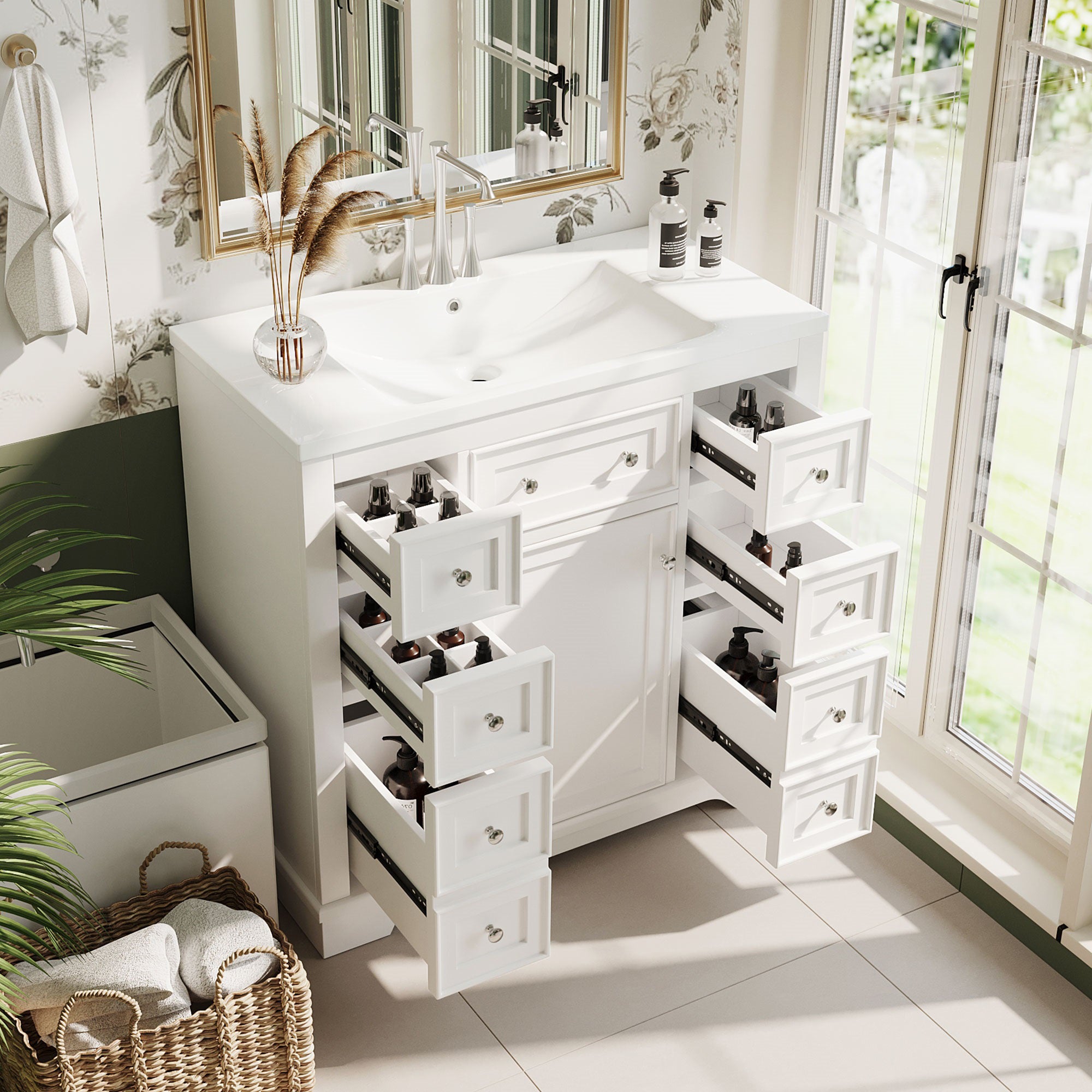 30 in. W x 72 in. H Freestanding Bathroom Cabinet in White with Adjustable Shelf and Drawer
