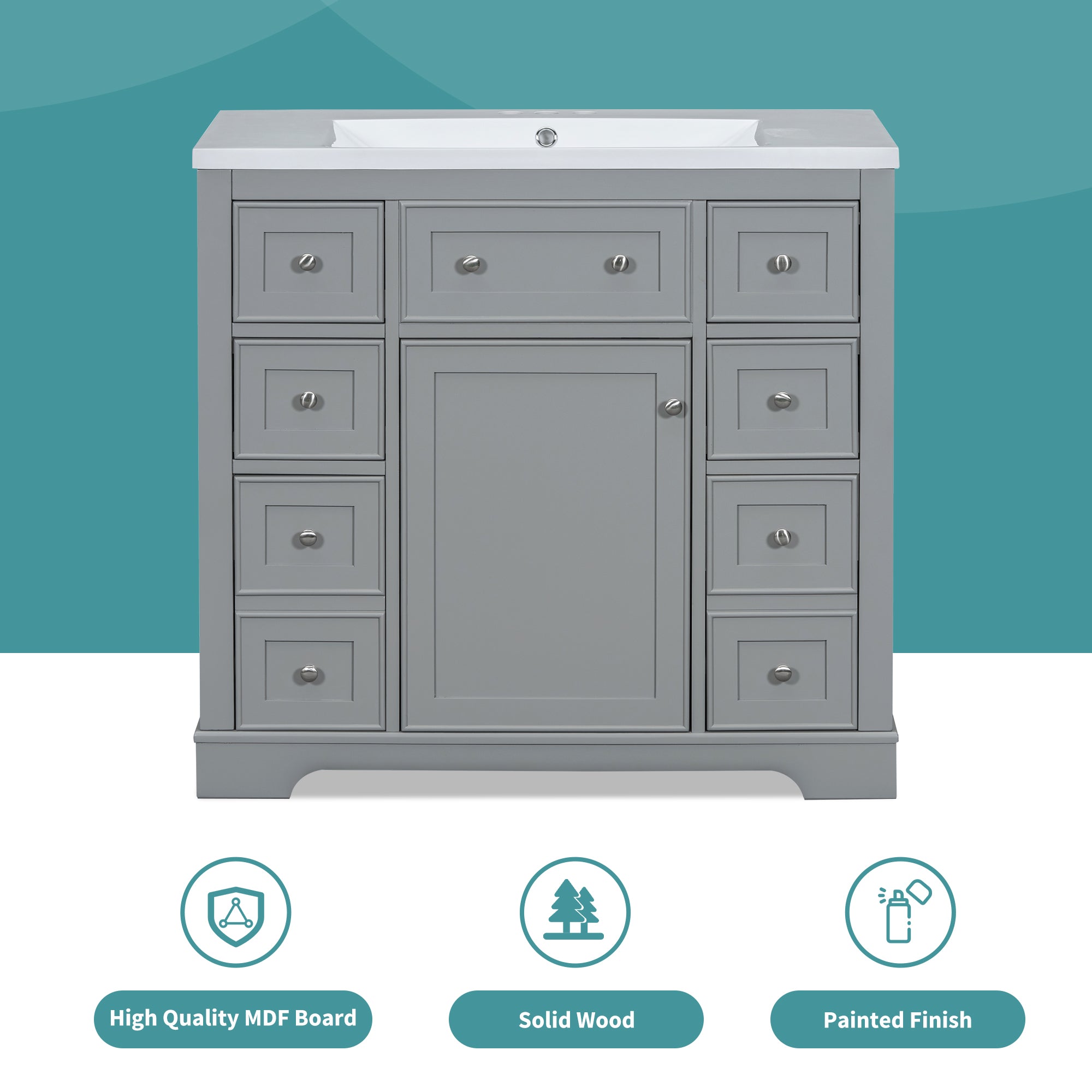 36 Inch Freestanding Bathroom Vanity Set  with Drawers and Ceramic Sink