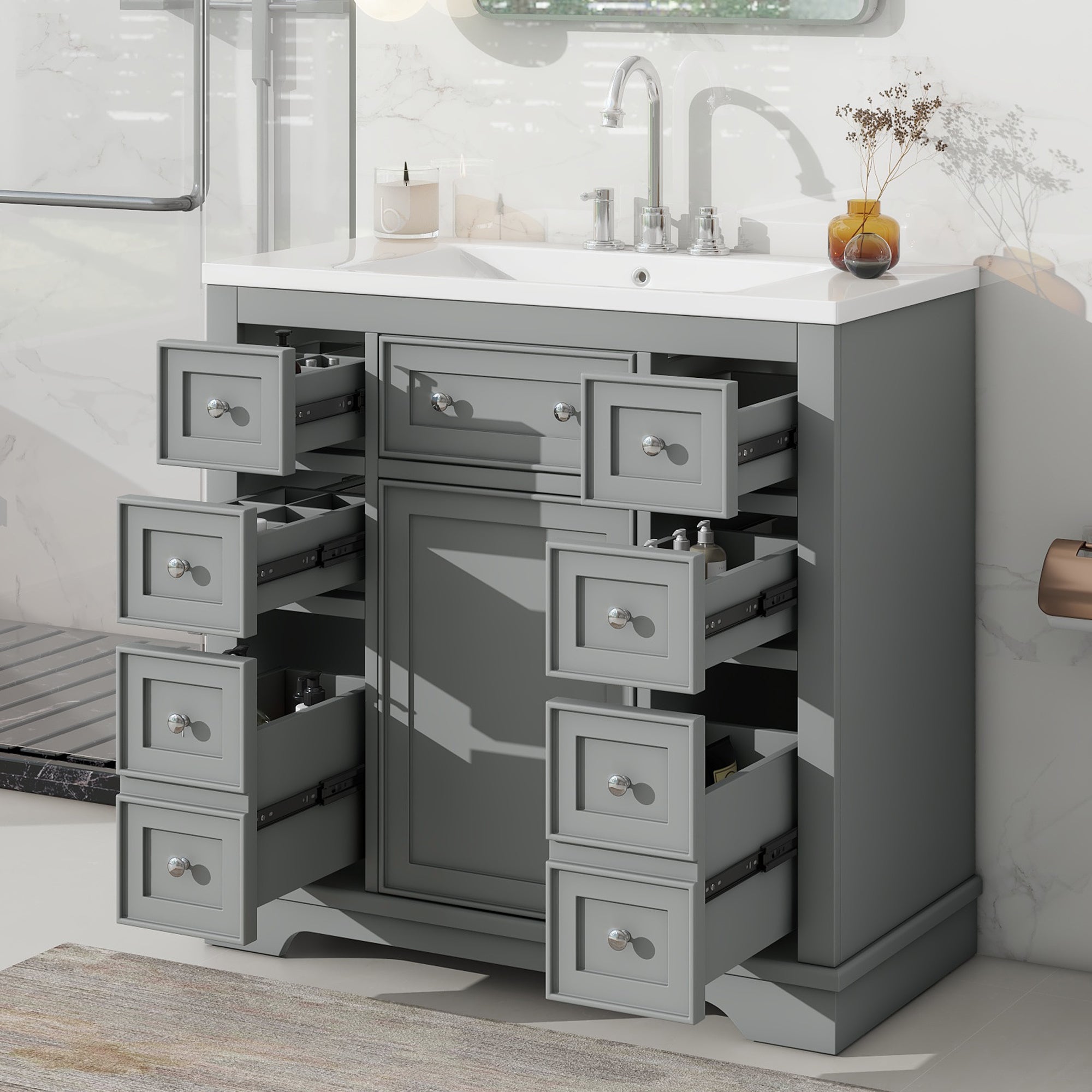 36 Inch Freestanding Bathroom Vanity Set  with Drawers and Ceramic Sink