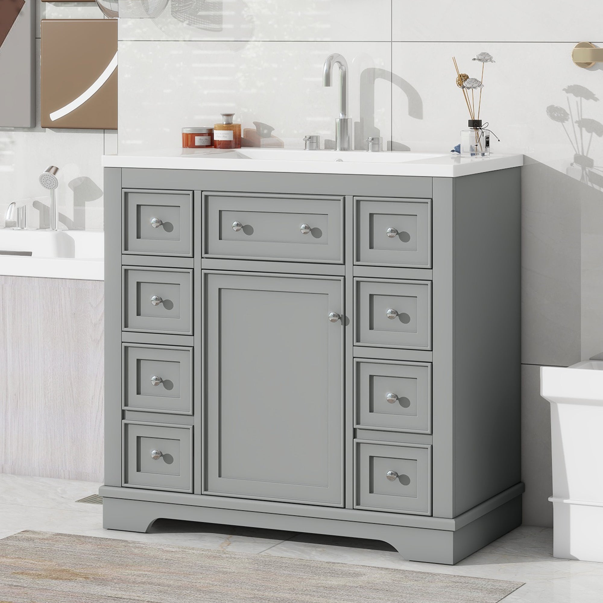 36 Inch Freestanding Bathroom Vanity Set  with Drawers and Ceramic Sink